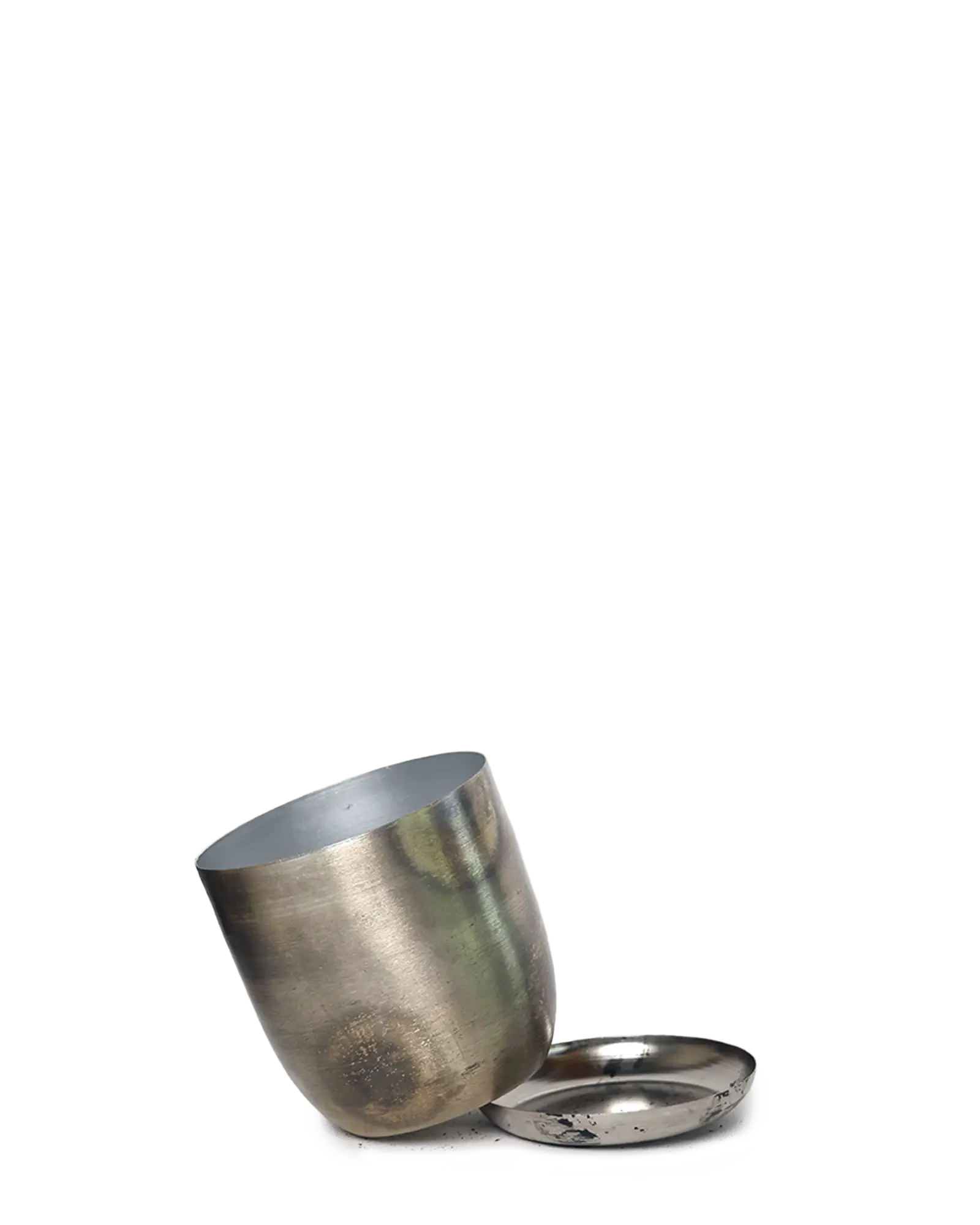 Chive Joe silver metal planter tipped to show the brushed metallic finish and silver interior.