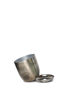Chive Joe silver metal planter tipped to show the brushed metallic finish and silver interior.