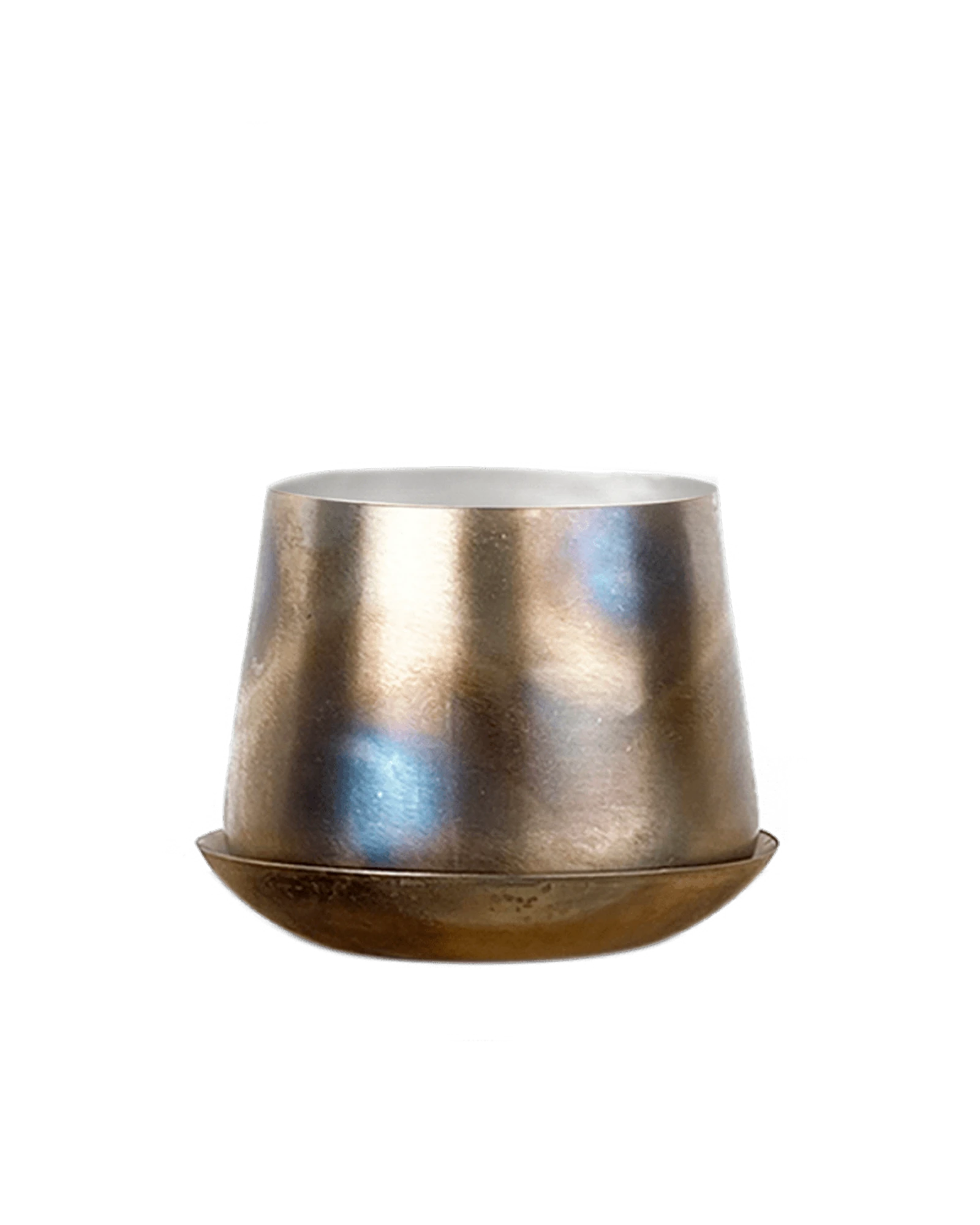 Chive Joe small silver color metal plant pot with drainage hole and detachable saucer.