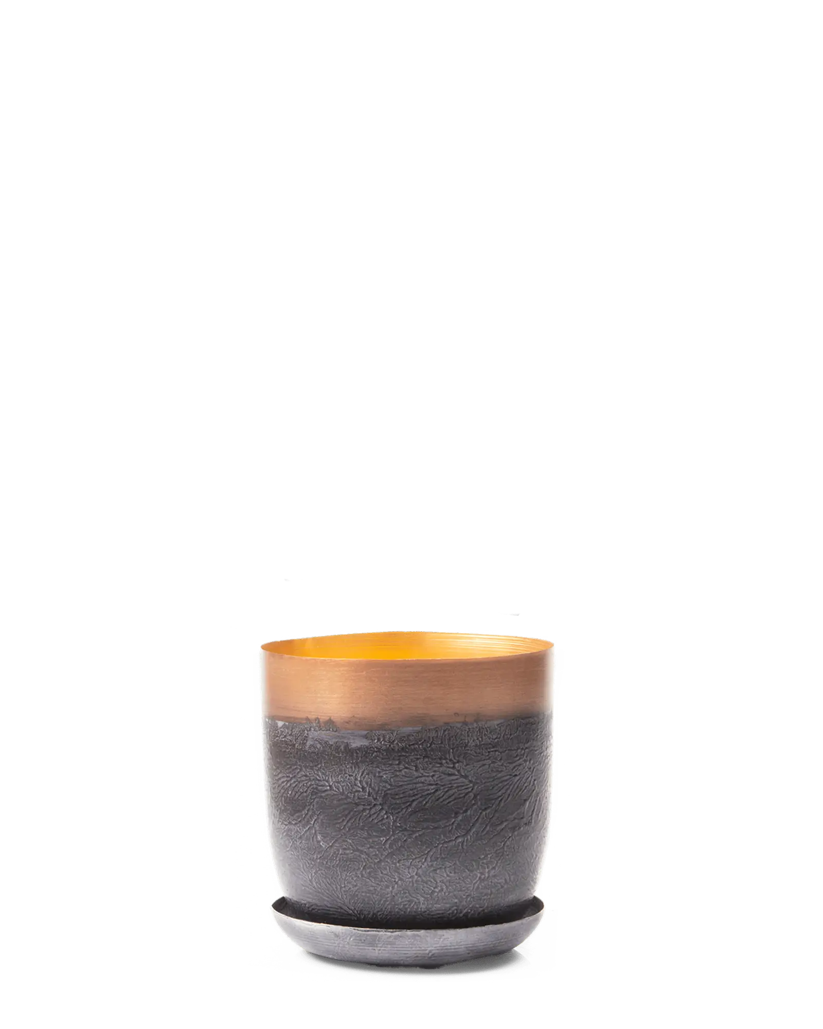 Chive Joe white copper metal medium plant pot with drainage hole and detachable saucer.