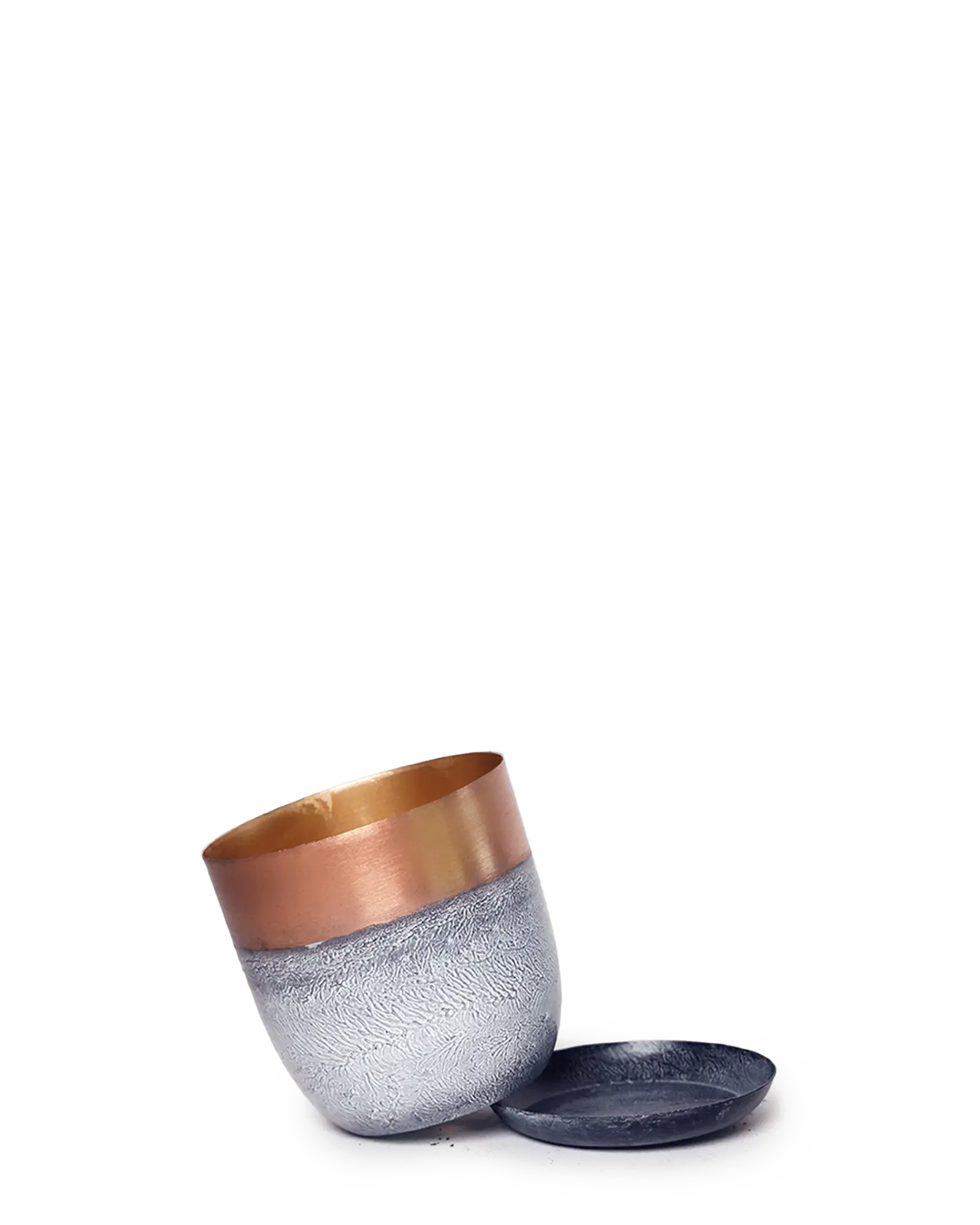 Chive Joe white copper medium metal planter with drainage tipped to show the warm copper interior finish and the detachable saucer.
