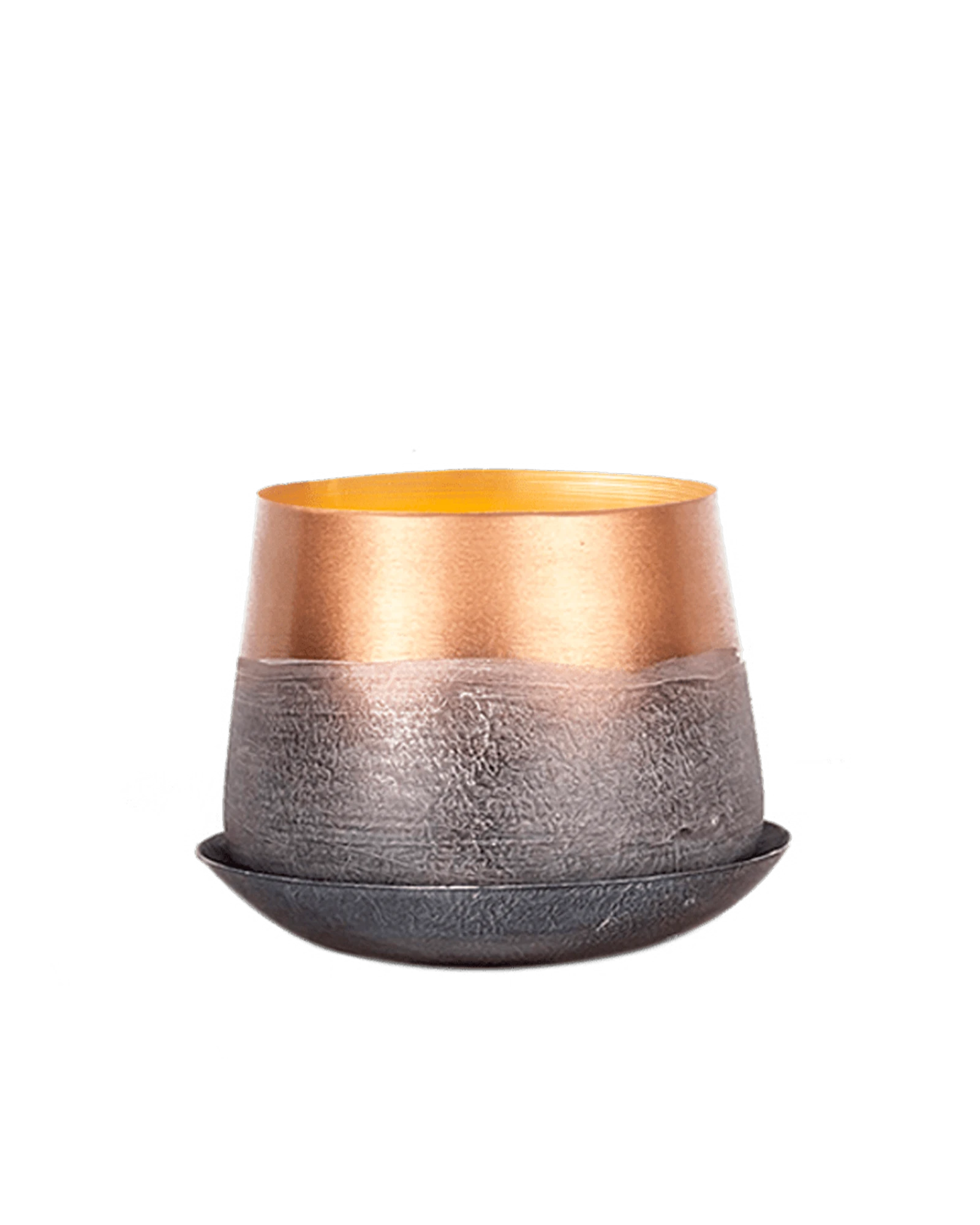 Chive Joe small white copper color metal plant pot with drainage hole and detachable saucer.