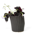 Chive Katakana black ceramic textured planter pot styled with a plant.