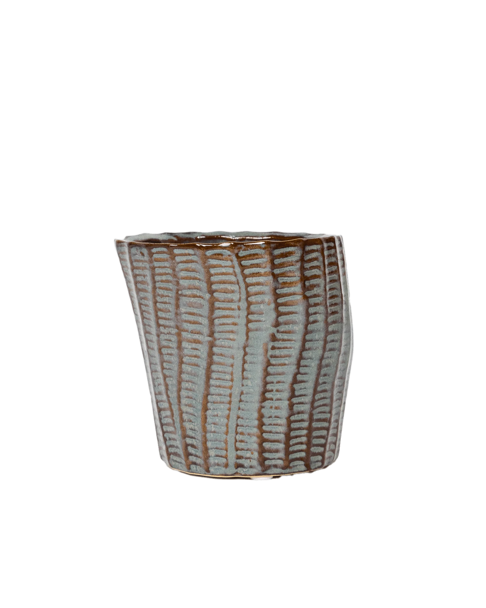 Chive Katakana brown ceramic textured planter pot with no drainage.