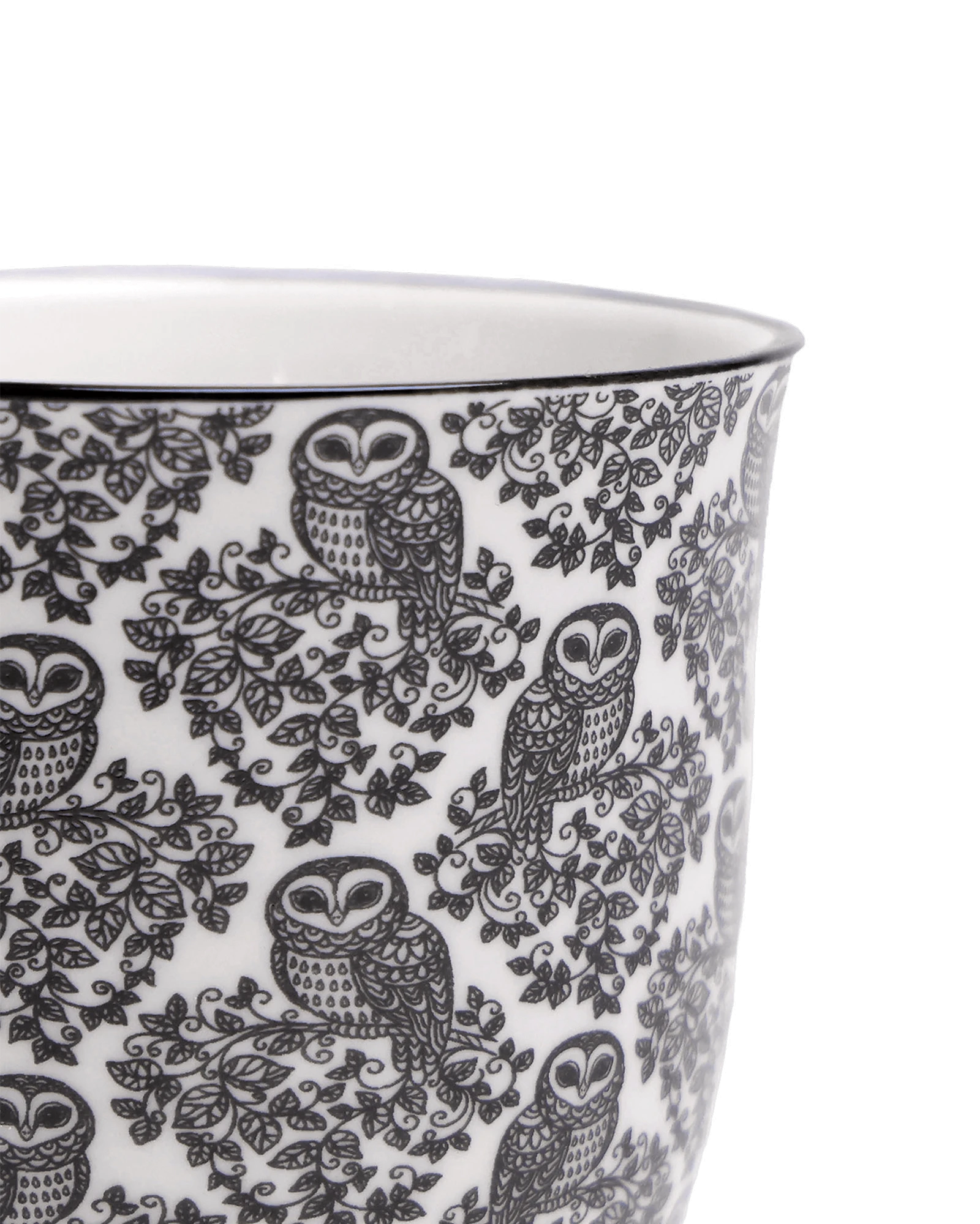Close-up of the Chive Liberte medium black owls porcelain pot showing the pattern and glaze finish.