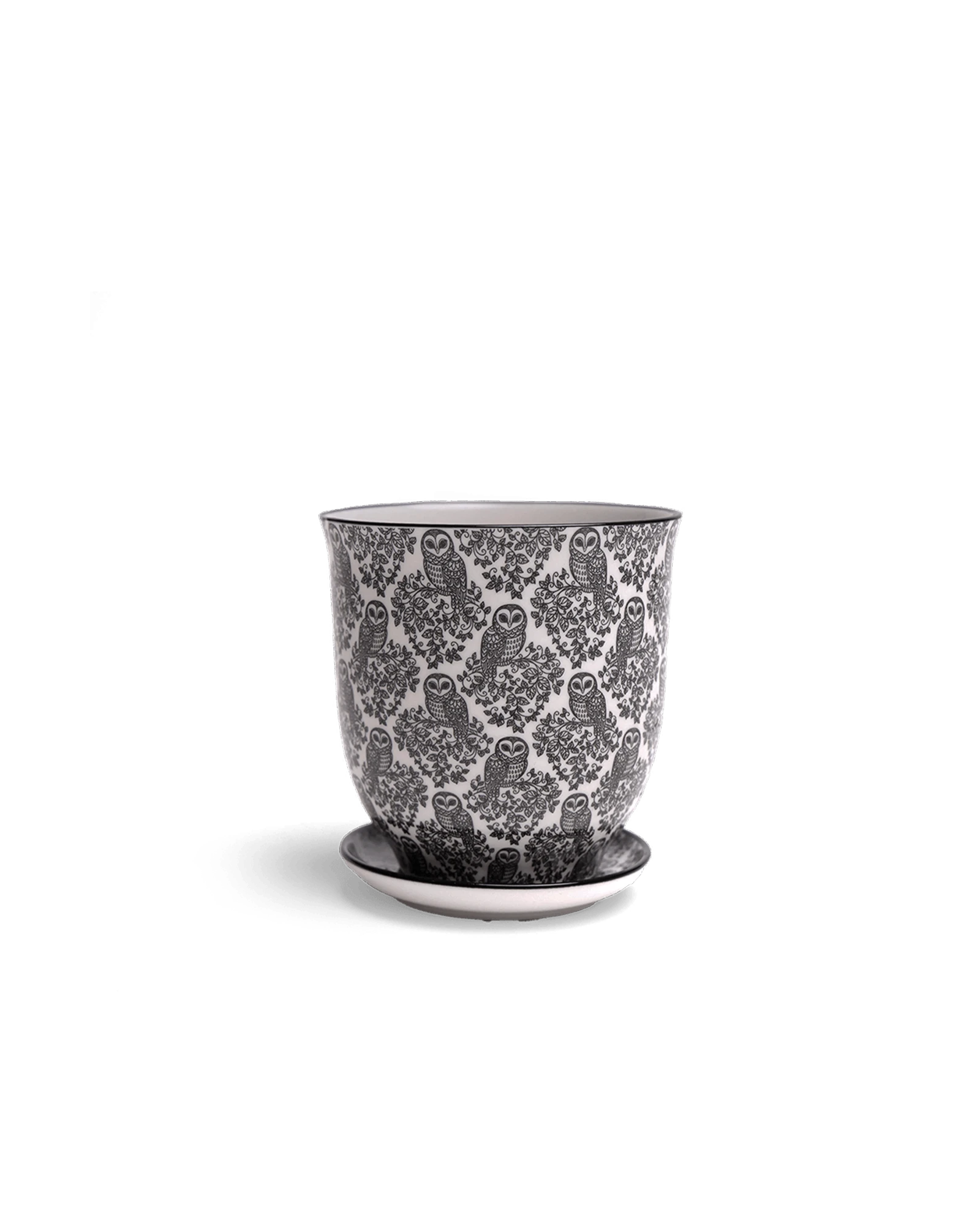 Chive Liberte small black owls porcelain pot with drainage hole and detachable saucer.