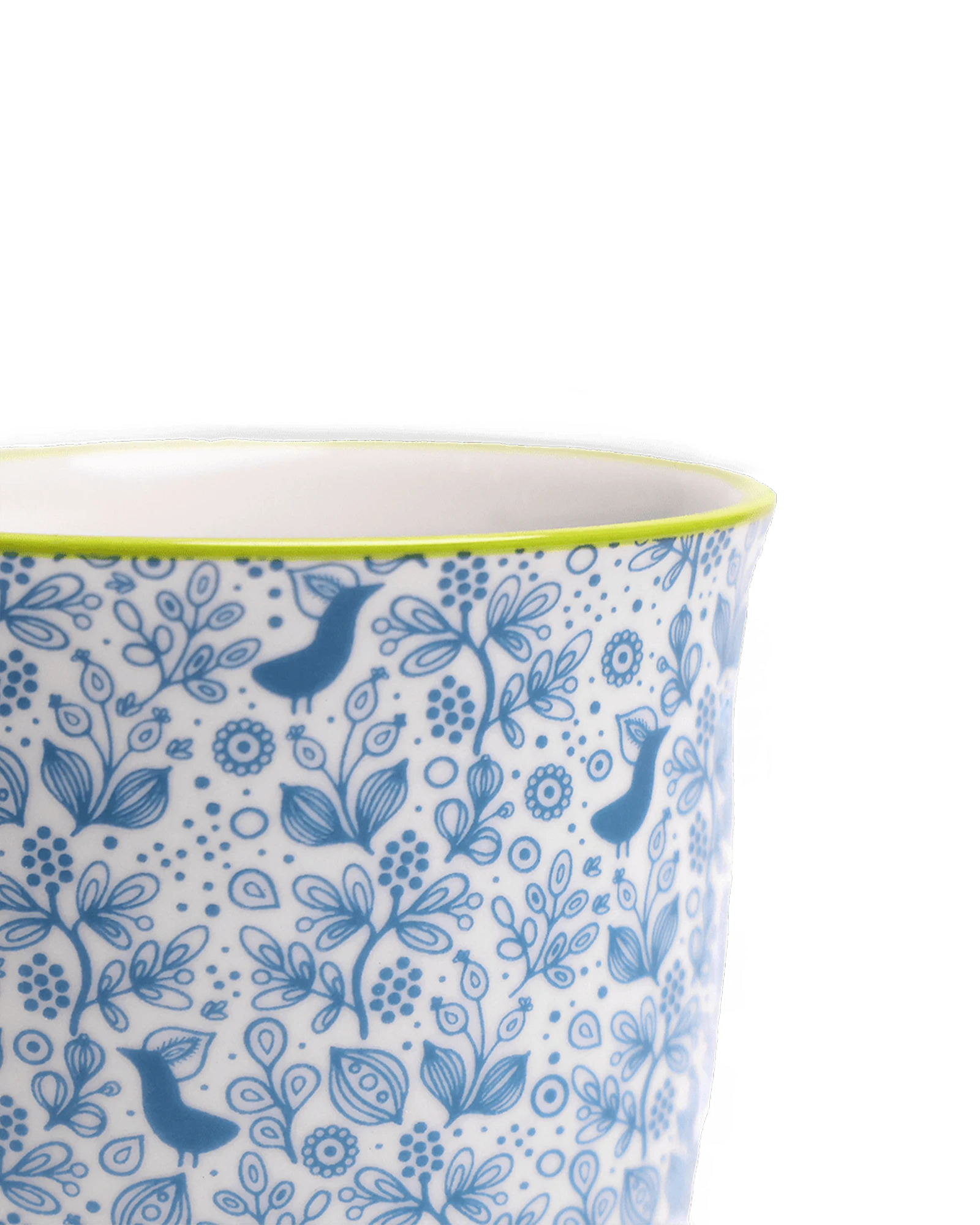 Close-up of the Chive Liberte medium blue birds porcelain pot showing the pattern and glaze finish.