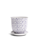 Chive Liberte medium blue feathers porcelain pot with drainage hole and detachable saucer.