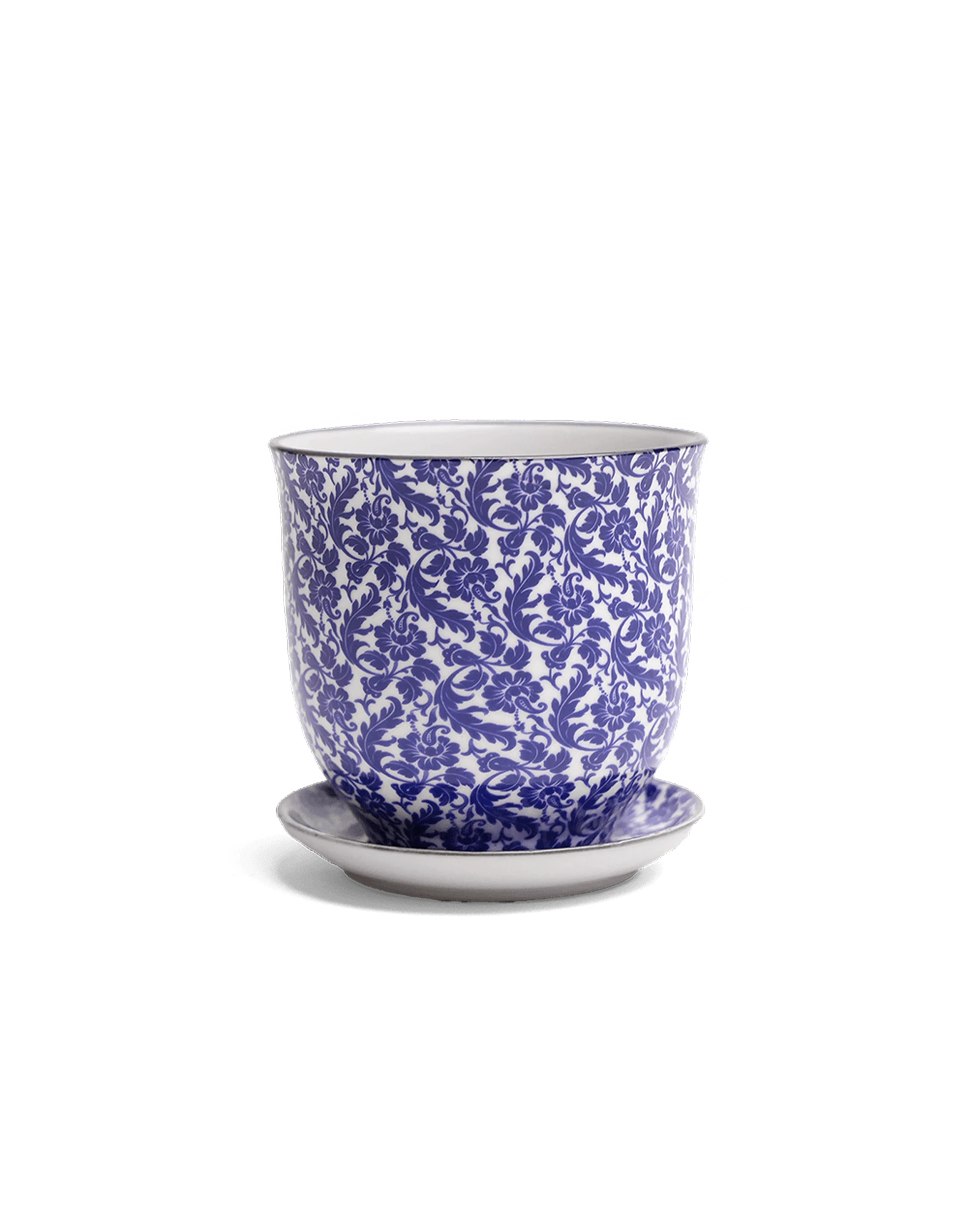 Chive Liberte medium blue leaves porcelain pot with drainage hole and detachable saucer.