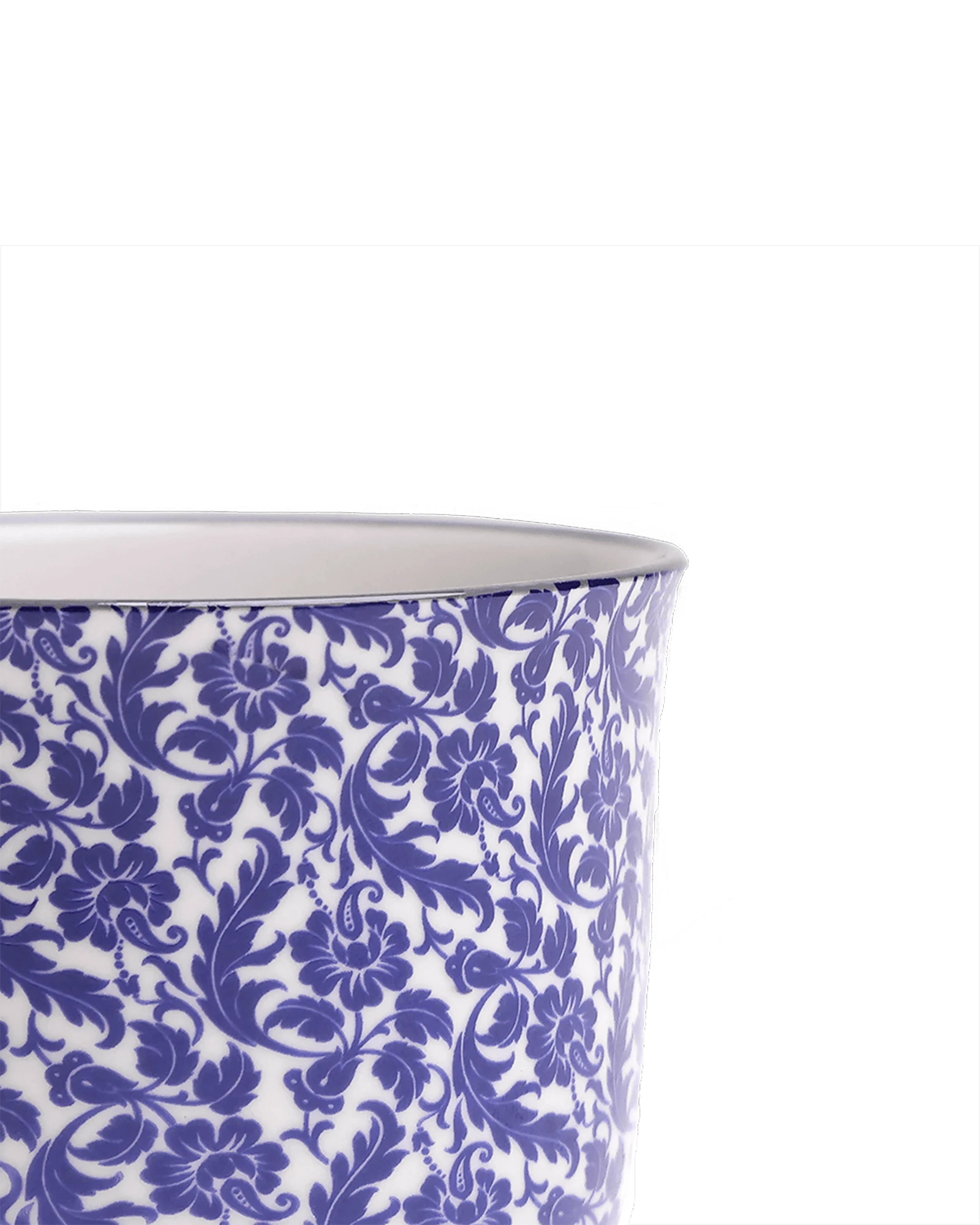 Close-up of the Chive Liberte medium blue leaves porcelain pot showing the pattern and glaze finish.