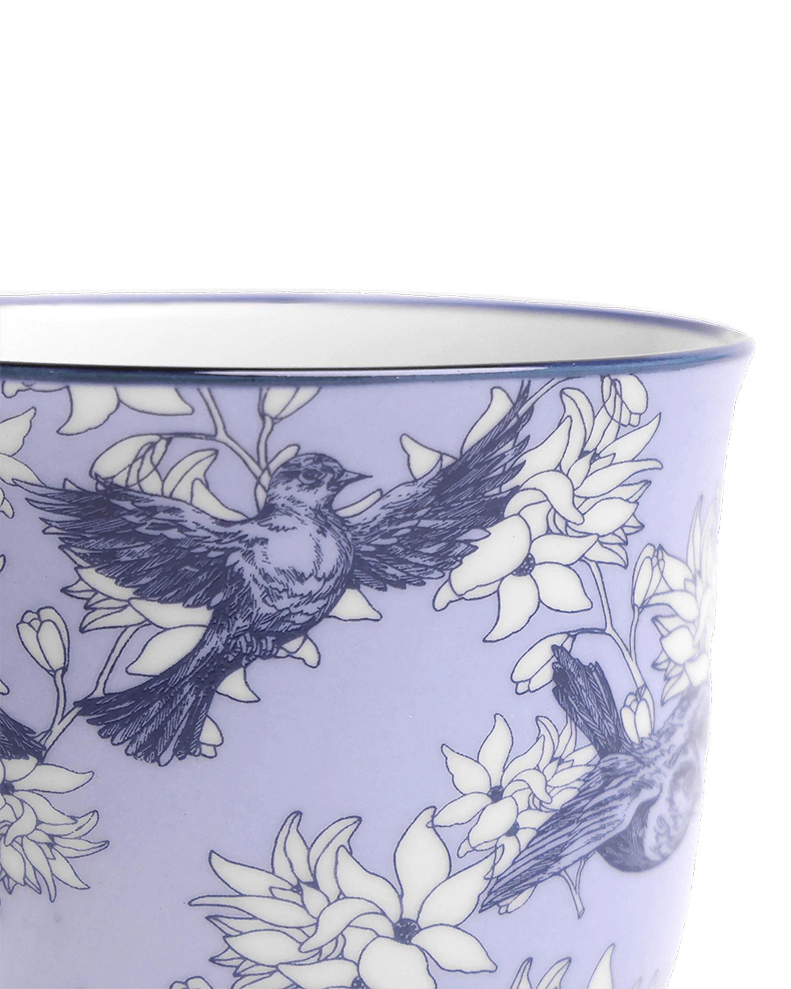 Close-up of the Chive Liberte medium blue swallows porcelain pot showing the pattern and glaze finish.