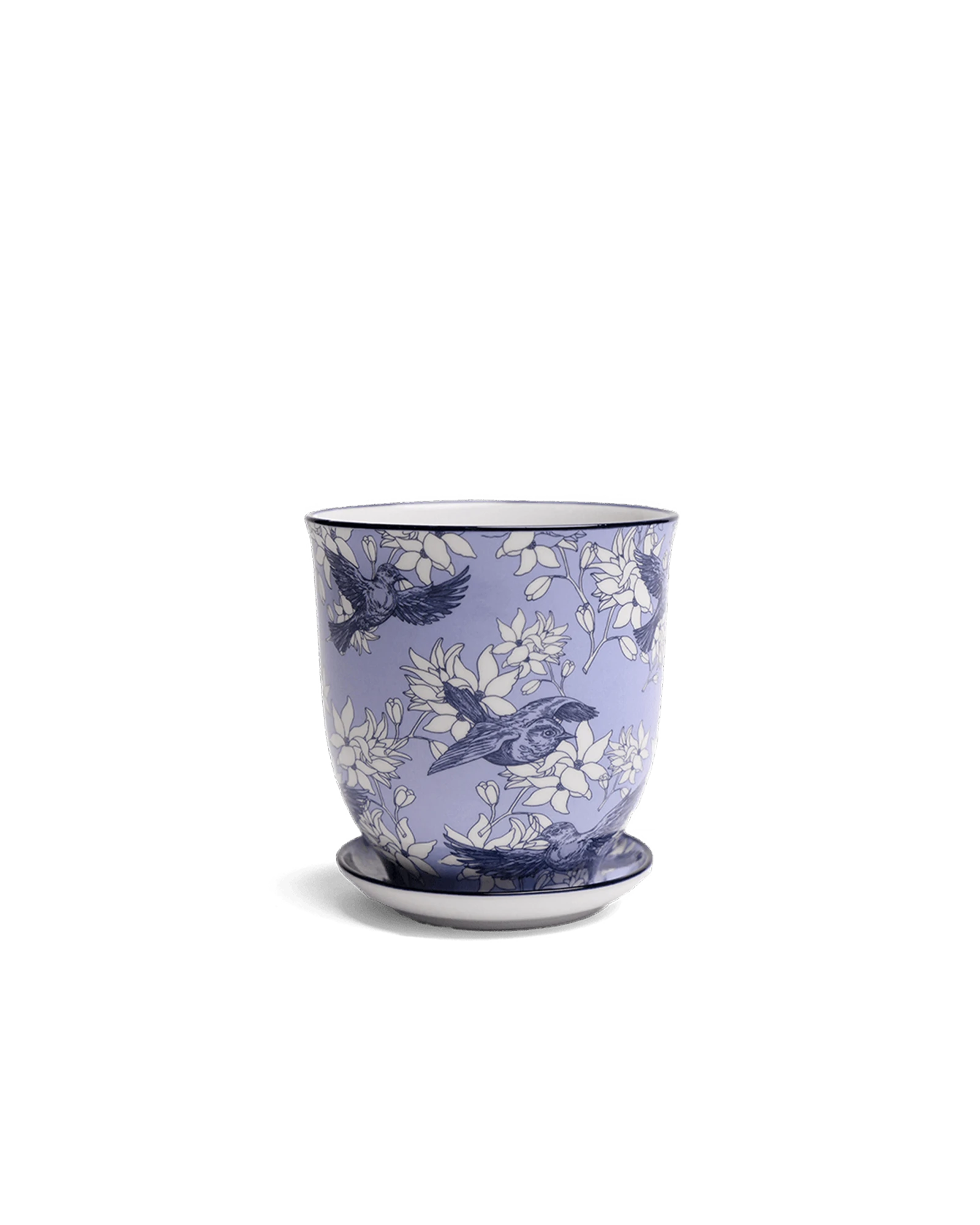 Chive Liberte small blue swallows porcelain pot with drainage hole and detachable saucer.