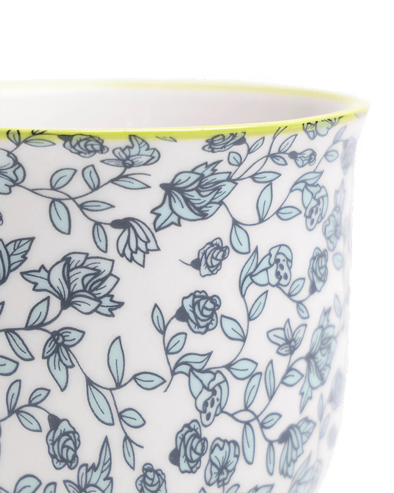 Close-up of the Chive Liberte small green flowers porcelain pot showing the pattern and glaze finish.