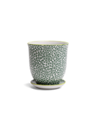 Chive Liberte medium green leaves 3 porcelain pot with drainage hole and detachable saucer.