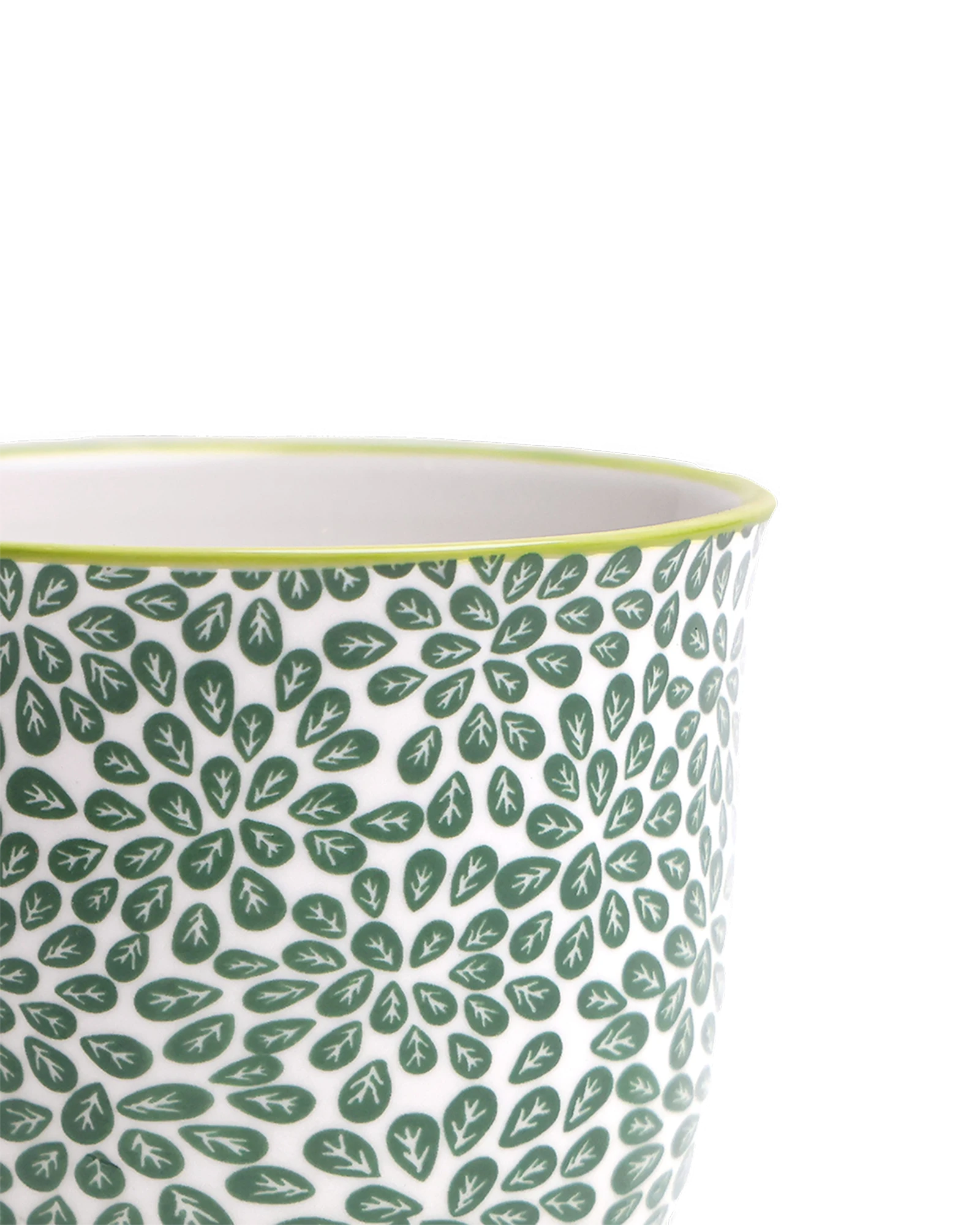 Close-up of the Chive Liberte small green leaves 3 porcelain pot showing the pattern and glaze finish.