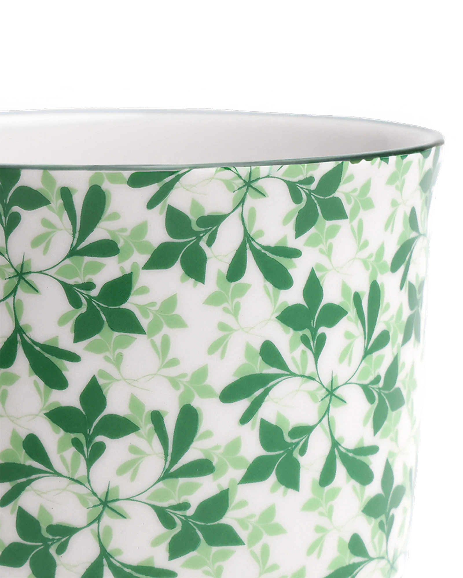 Close-up of the Chive Liberte small green leaves 4 porcelain pot showing the pattern and glaze finish.