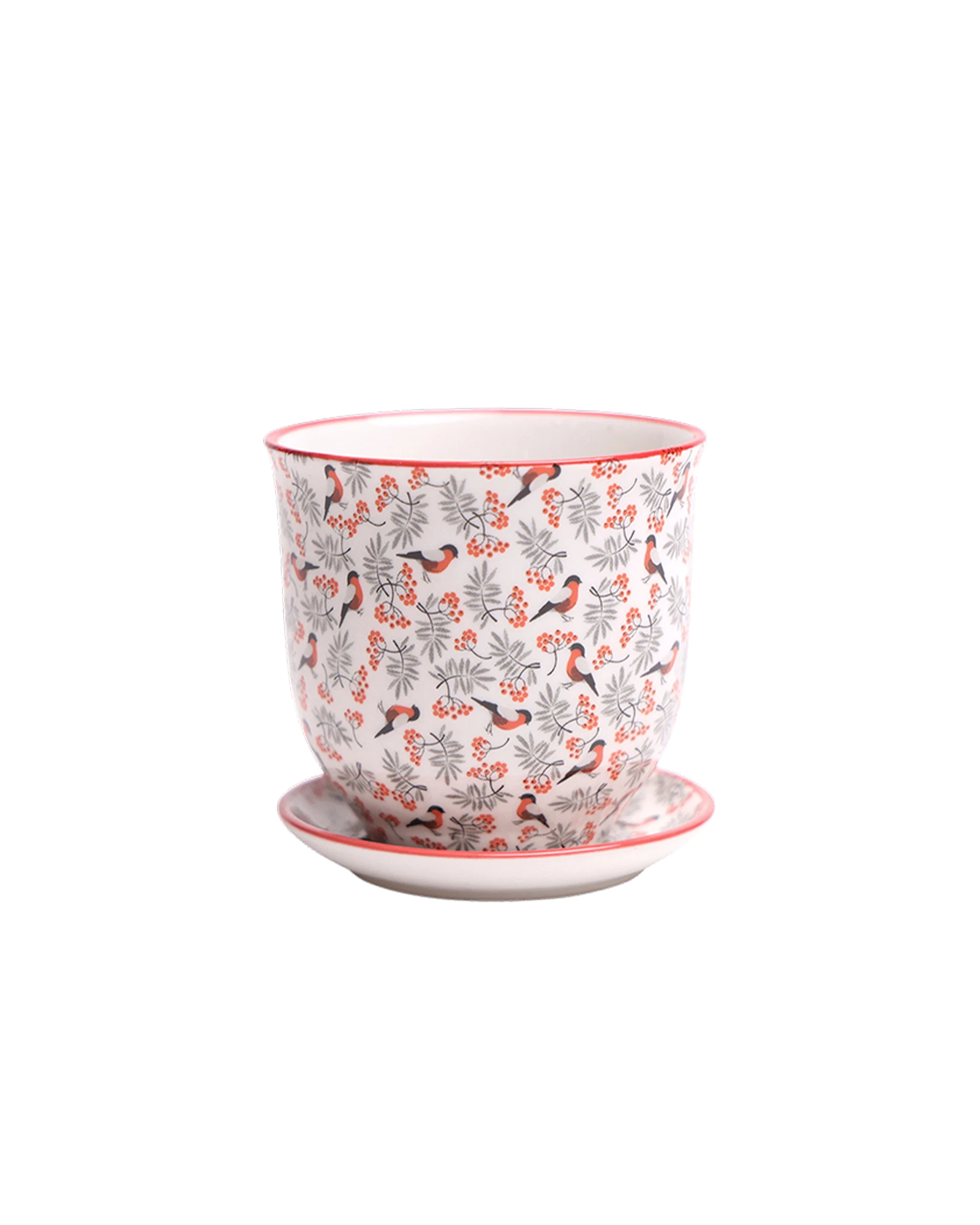 Chive Liberte small red birds porcelain pot with drainage hole and detachable saucer.