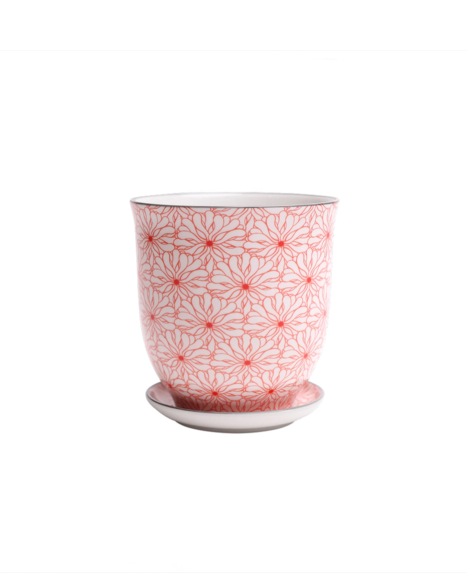 Chive Liberte medium red flowers porcelain pot with drainage hole and detachable saucer.