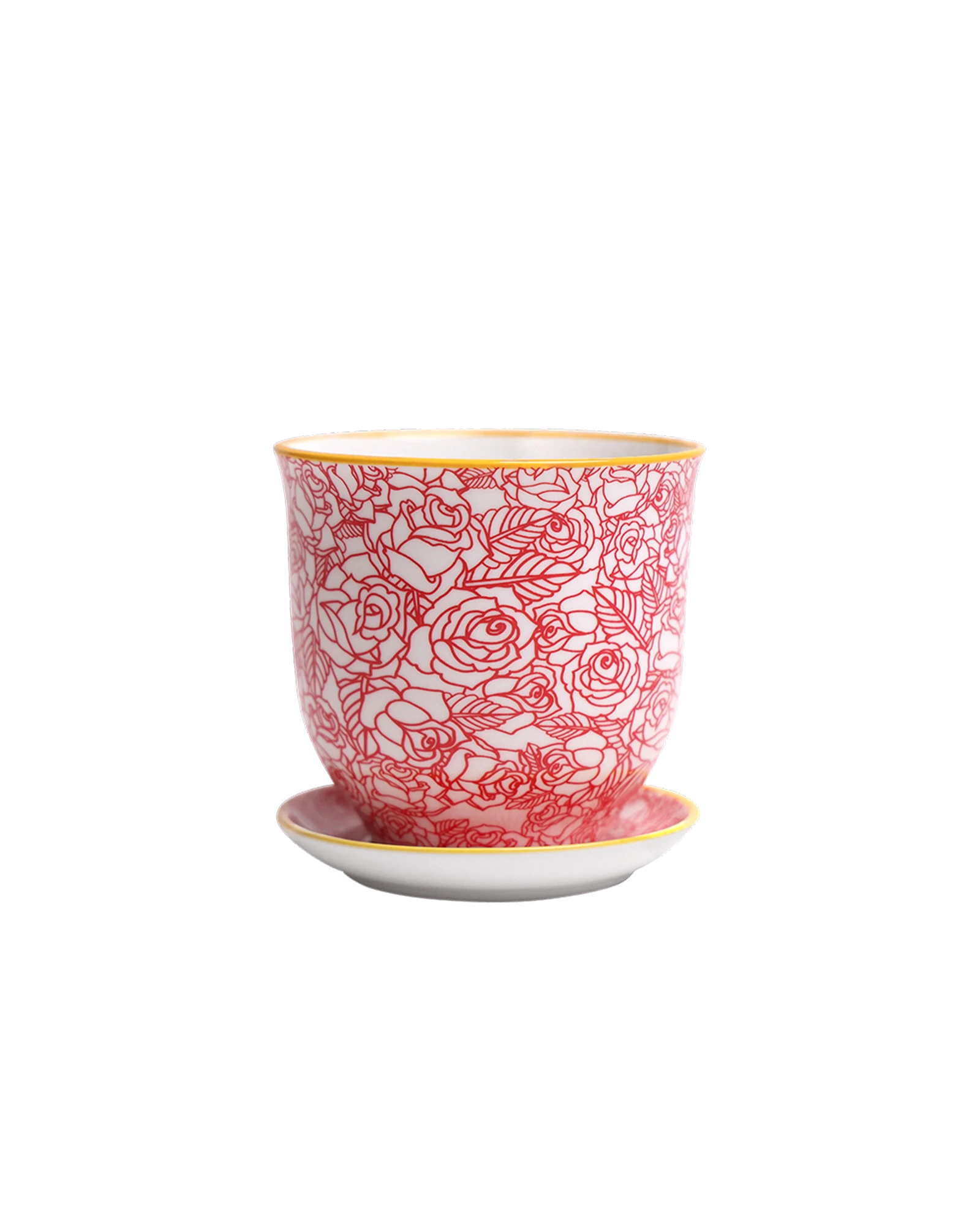 Chive Liberte medium red roses porcelain pot with drainage hole and detachable saucer.