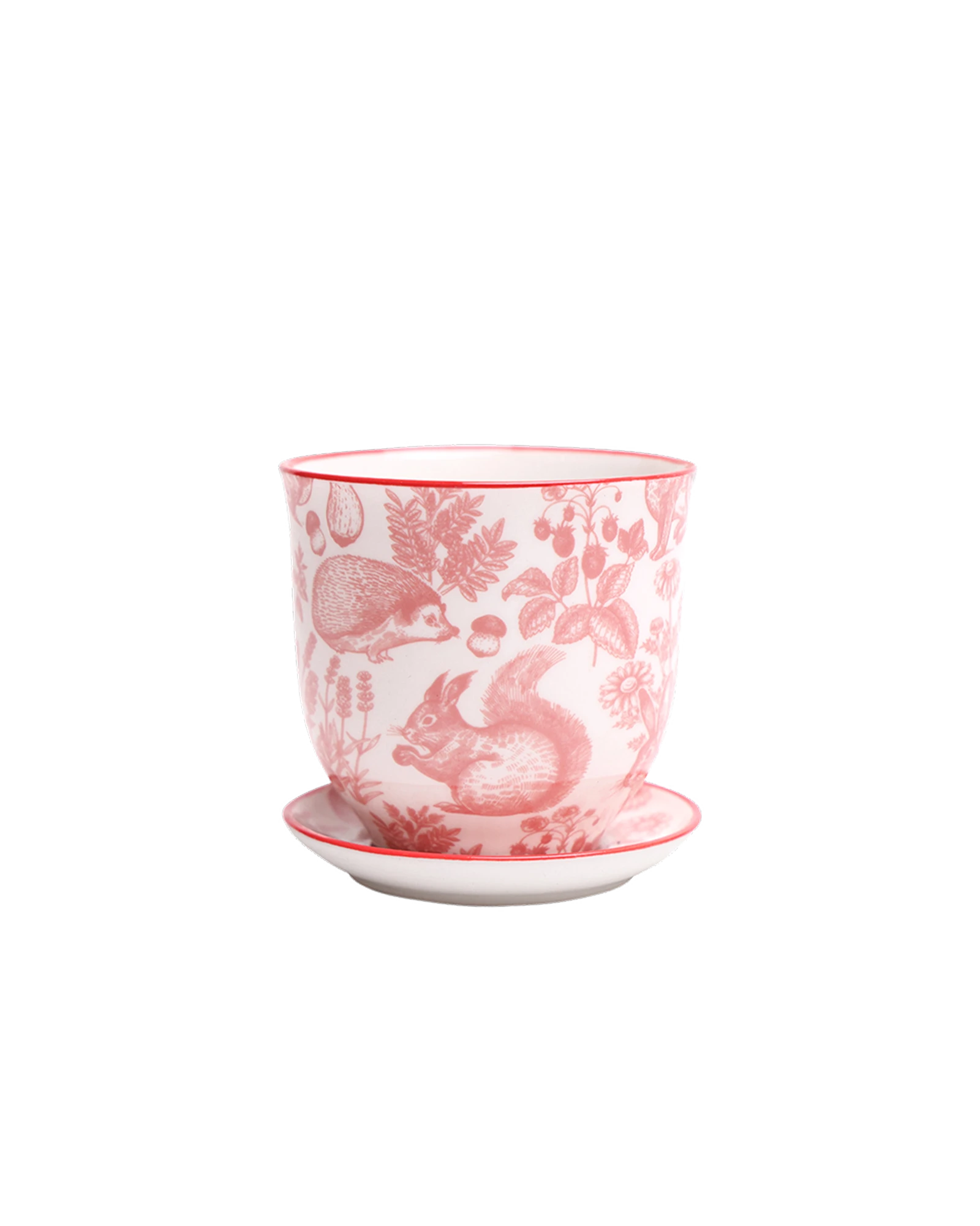 Chive Liberte medium red squirrels porcelain pot with drainage hole and detachable saucer.