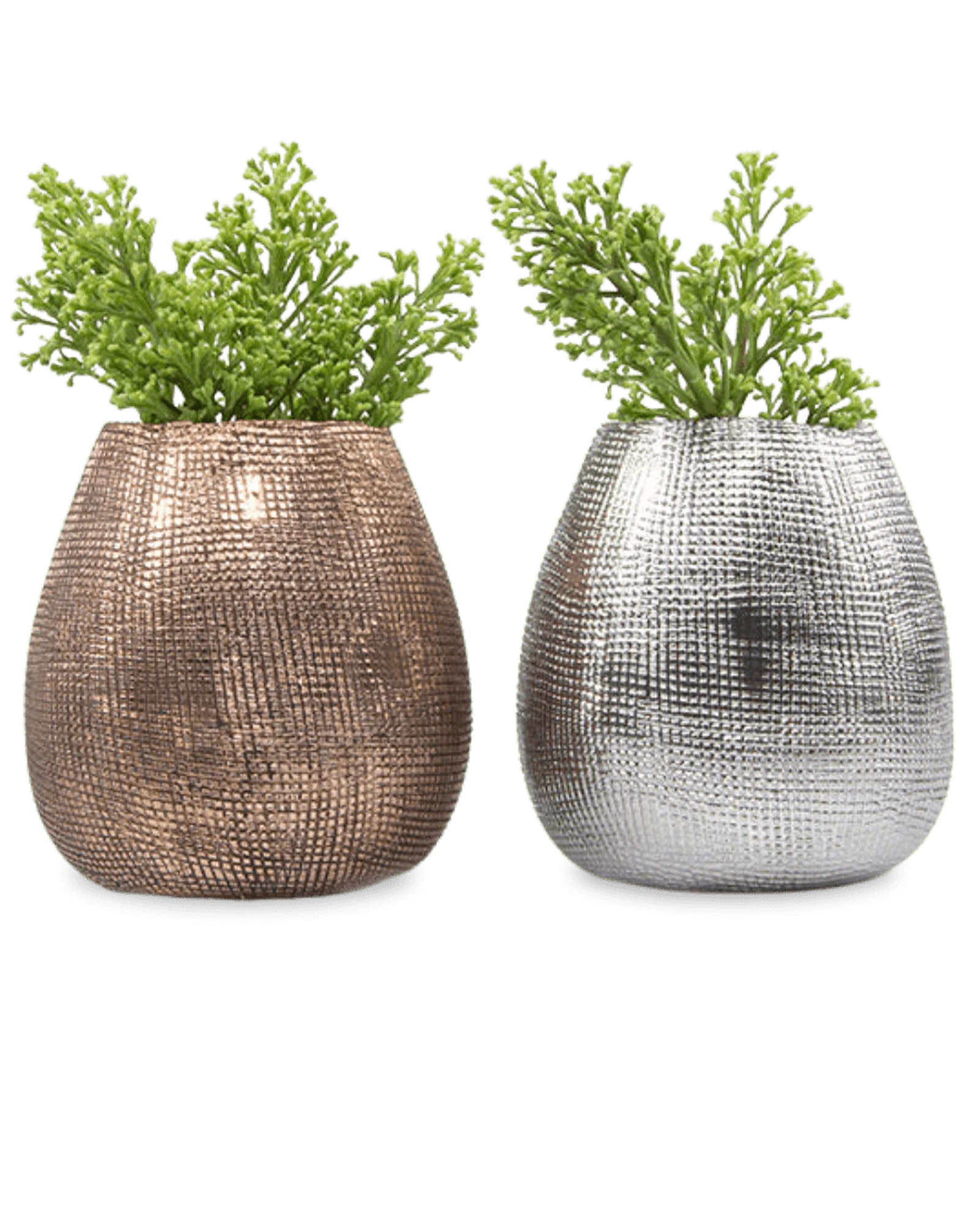 Two Chive Mesh glazed ceramic planters with woven grid texture, in rose gold and silver, styled with plants.