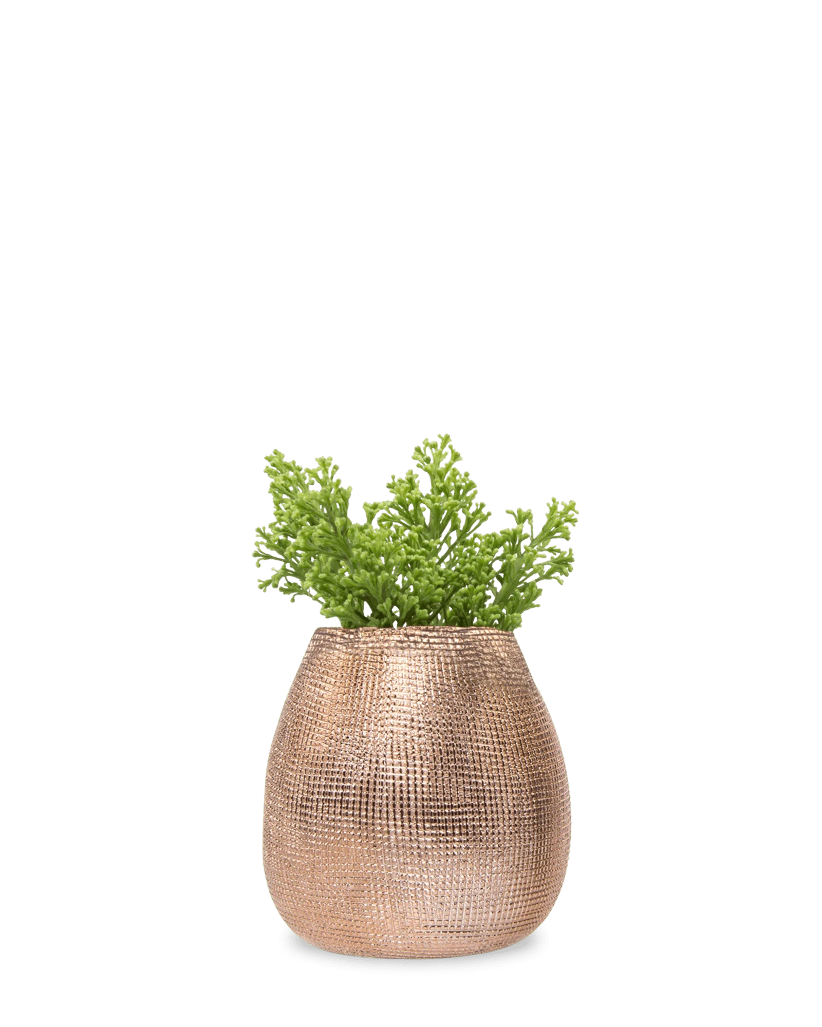 Chive Mesh rose gold glazed ceramic planter pot with woven grid texture, styled with a plant.