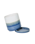 Chive Minute medium blue layers ceramic pot with drainage tilted to show the detachable saucer.