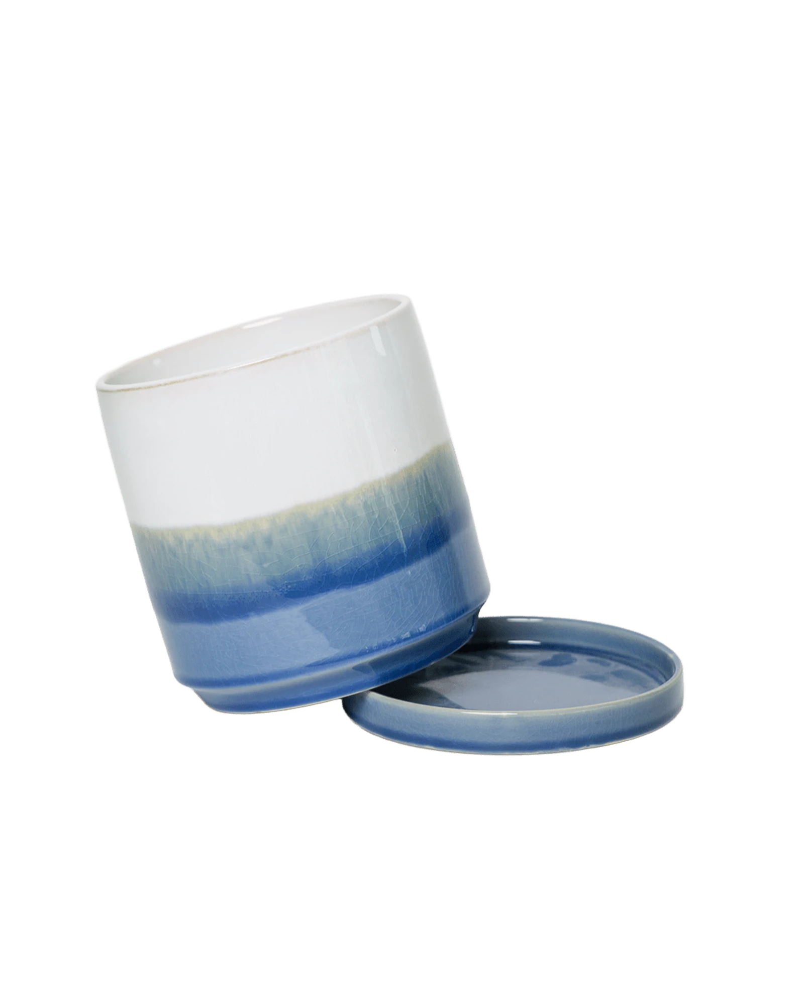 Chive Minute medium blue layers ceramic pot with drainage tilted to show the detachable saucer.