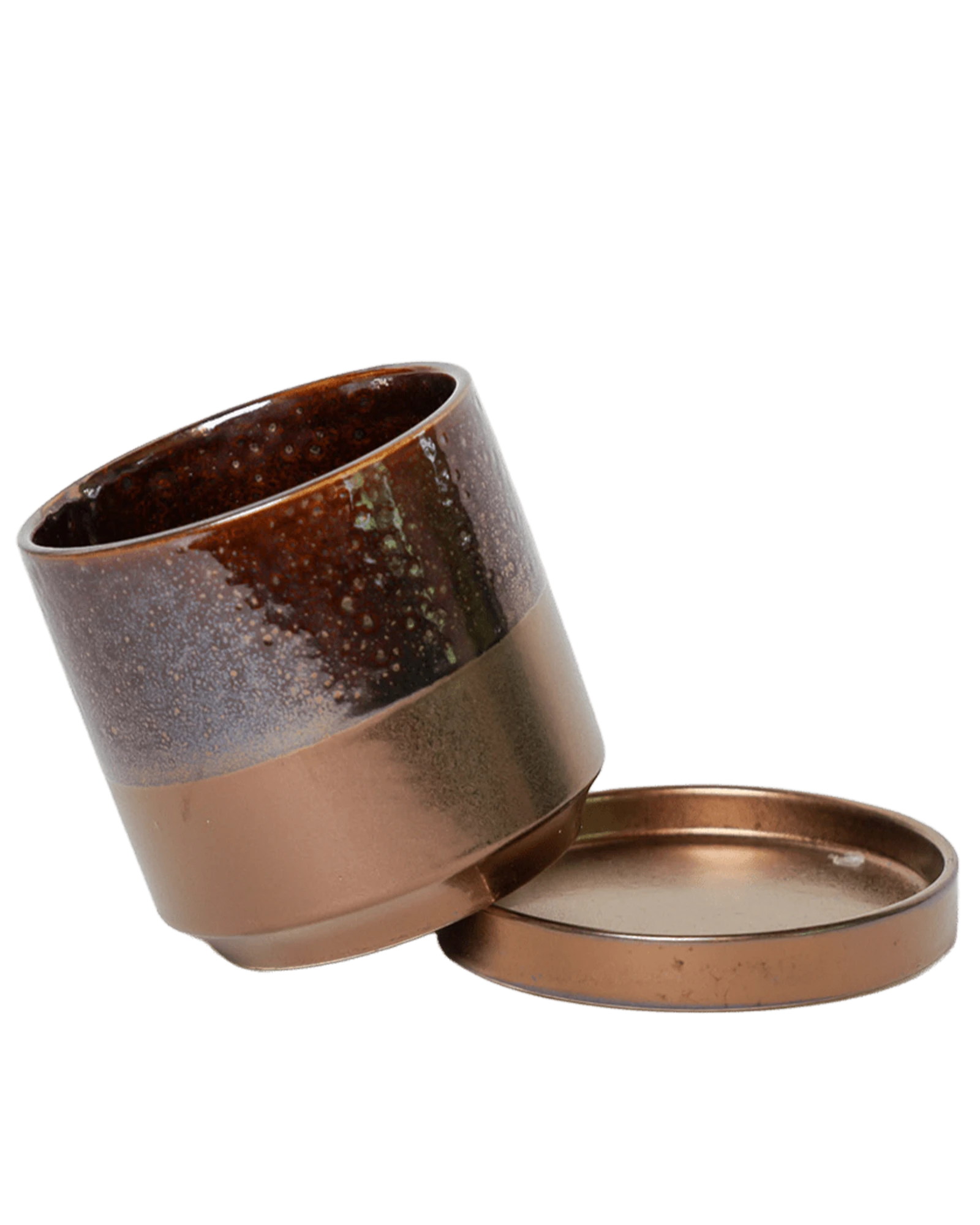 Close-up of the detachable saucer and drainage hole on a Chive Minute small bronze speckles ceramic pot.