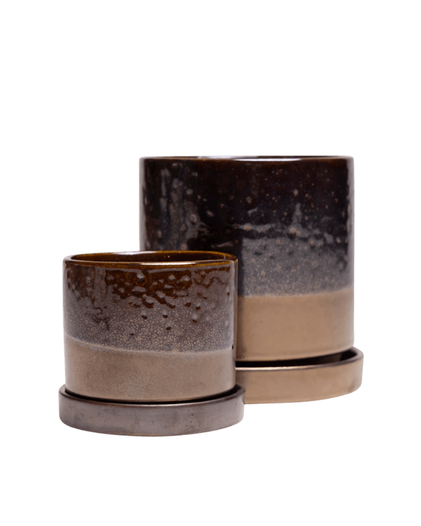Two Chive Minute bronze speckles ceramic pots with drainage and detachable saucers in size small and medium.