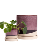Two Chive Minute burgundy ceramic pots with drainage and detachable saucers in size small and large.