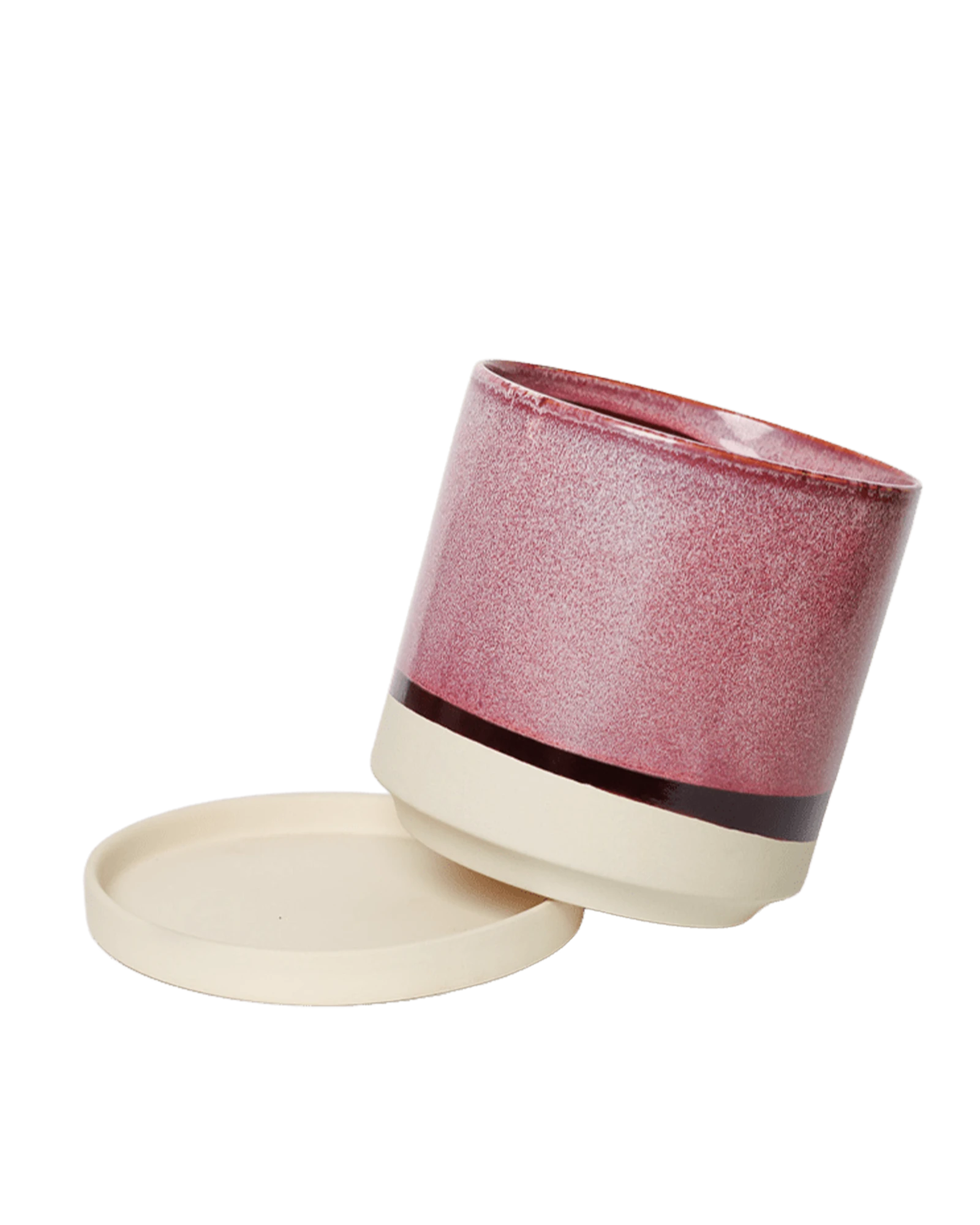 Chive Minute small burgundy ceramic pot with drainage tilted to show the detachable saucer.