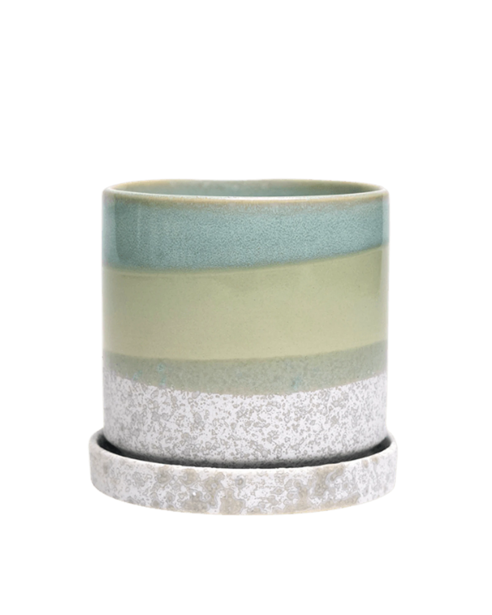 Chive Minute small green cement ceramic pot with drainage hole and detachable saucer.