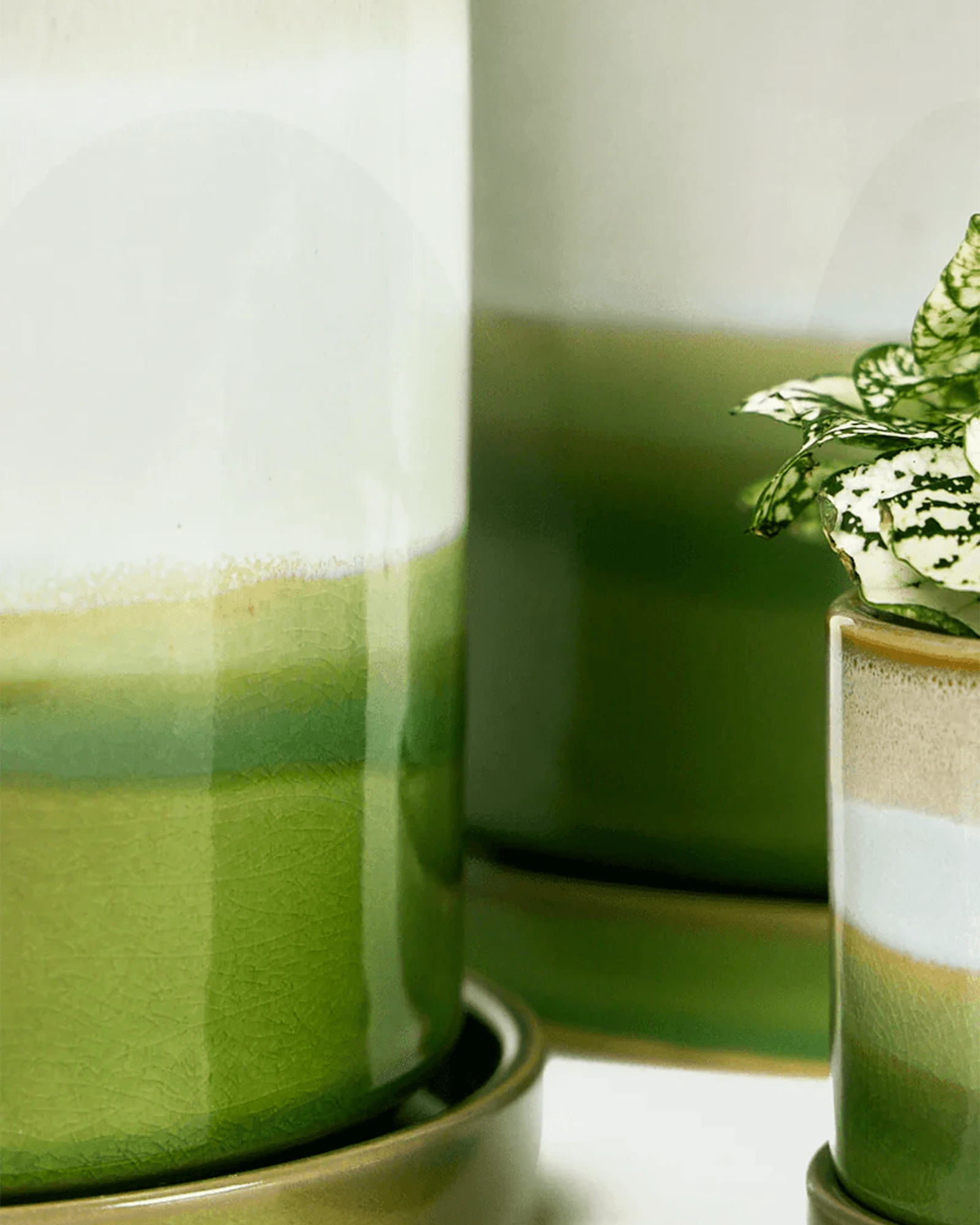 Close-up of Chive Minute green layers crackle glazed vibrant green ceramic planters in three sizes, one styled with a plant.