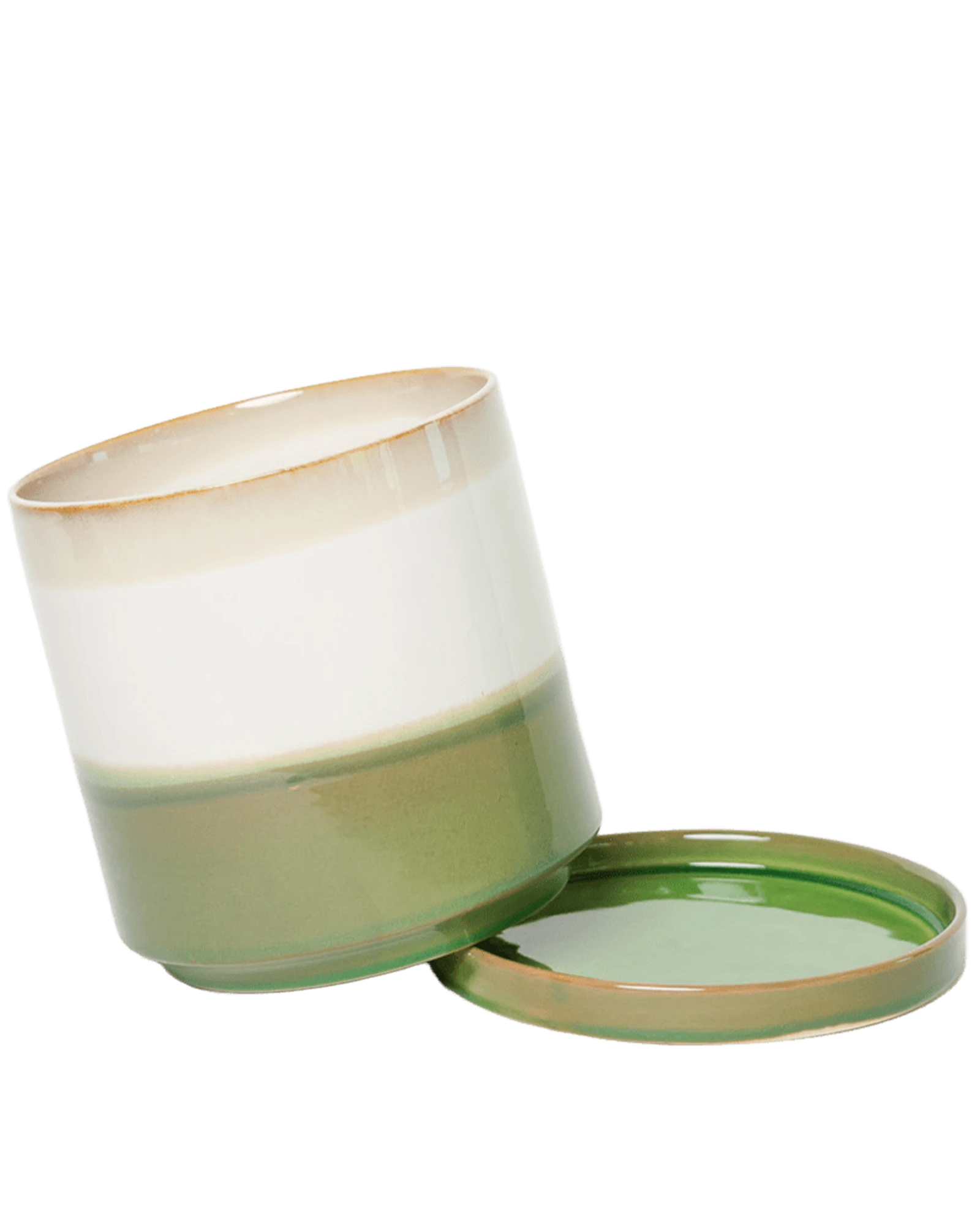 Chive Minute medium green layers ceramic pot with drainage tilted to show the detachable saucer.
