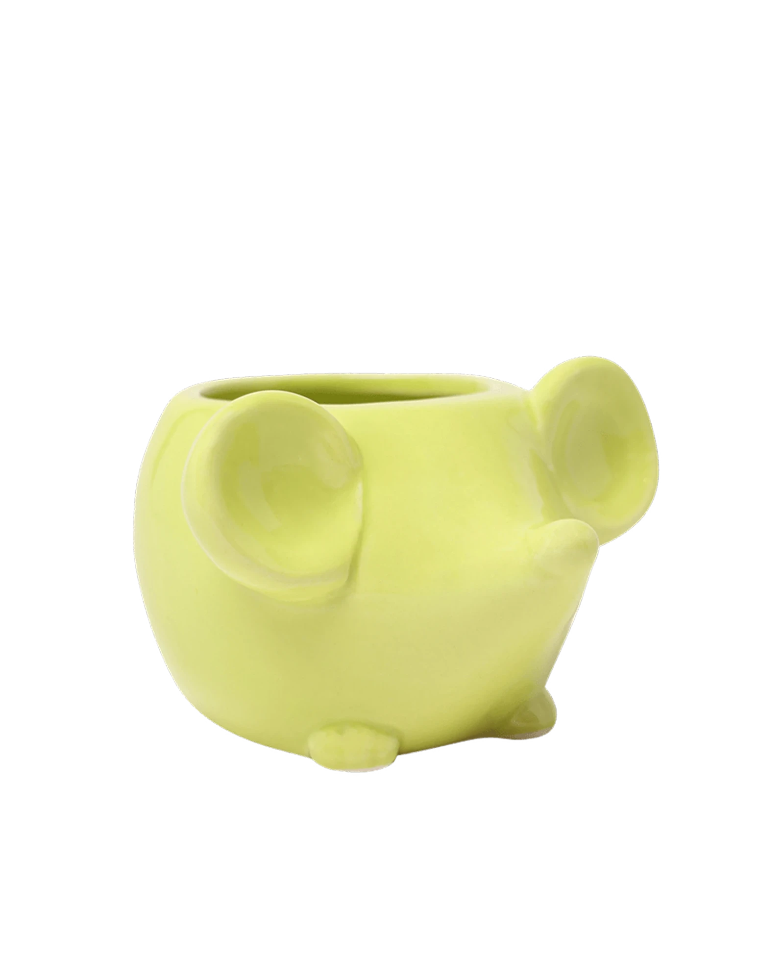Chive Mouse Chartreuse color ceramic mouse shaped succulent planter with no drainage.