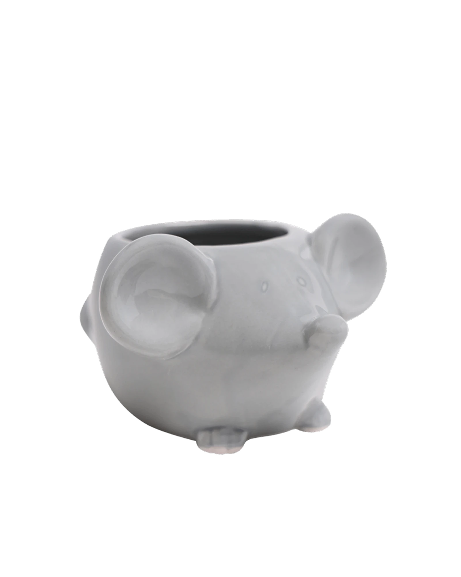 Chive Mouse Grey color ceramic mouse shaped succulent planter with no drainage.