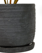 Cloe up of Chive Paul charcoal ribbed ceramic small planter with drainage and detachable saucer, showing ribbed texture.