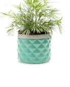 Chive Pina seafoam color ceramic diamond-textured planter pot styled with a plant, with no drainage.