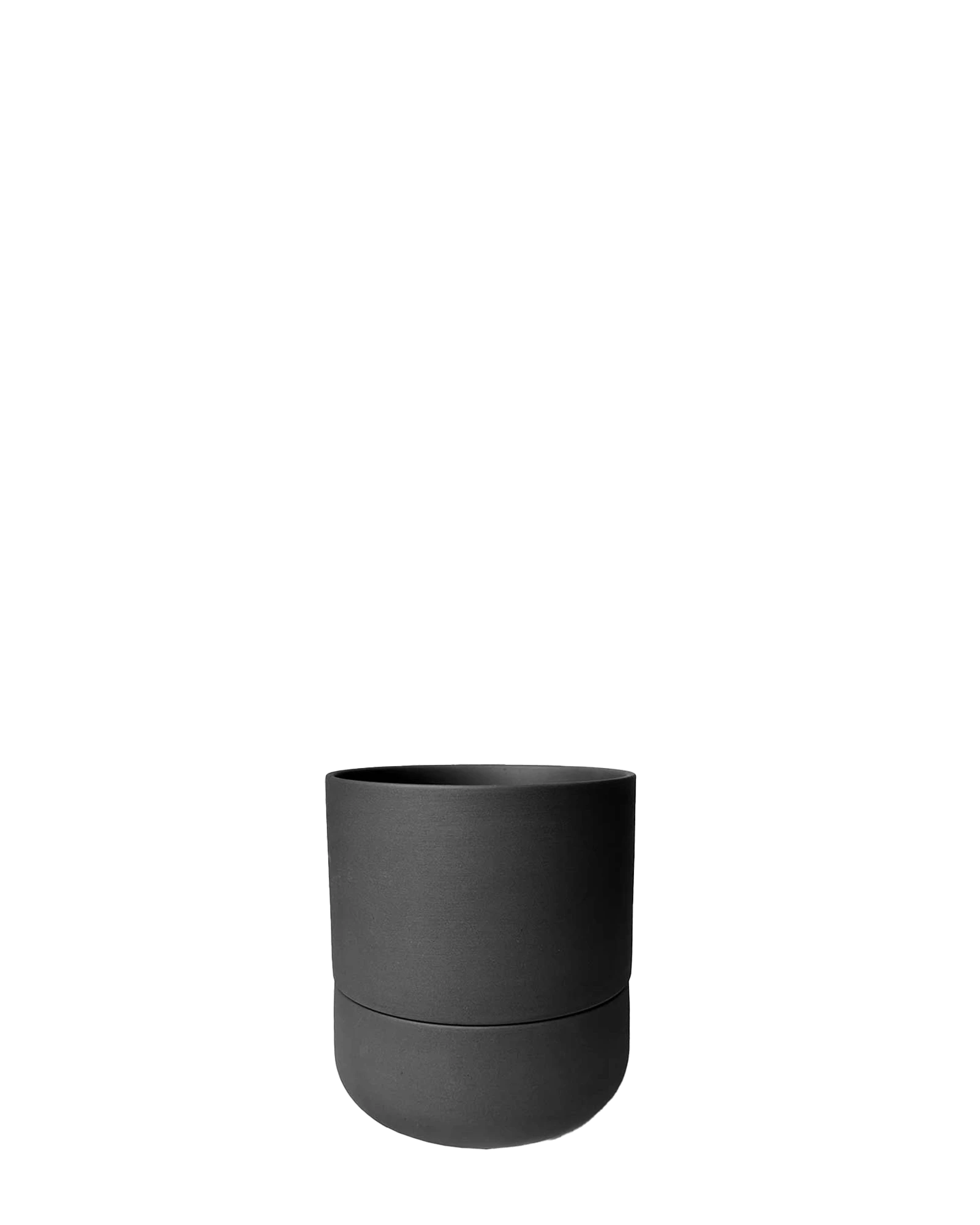 Chive Ryan black ceramic self-watering plant pot with drainage hole and detachable saucer.