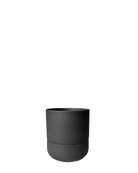 Chive Ryan black ceramic self-watering plant pot with drainage hole and detachable saucer.