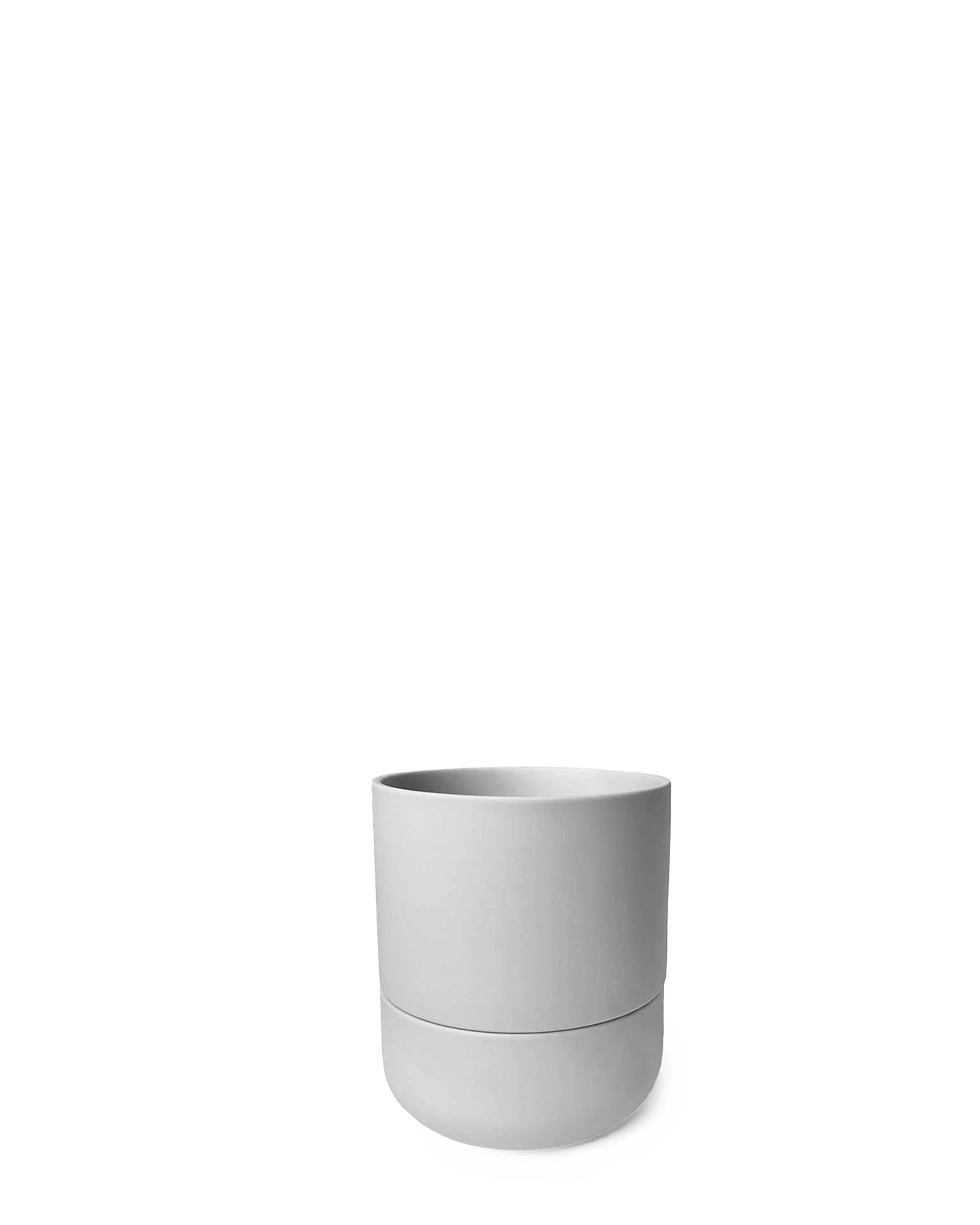 Chive Ryan grey ceramic self-watering plant pot with drainage hole and detachable saucer.