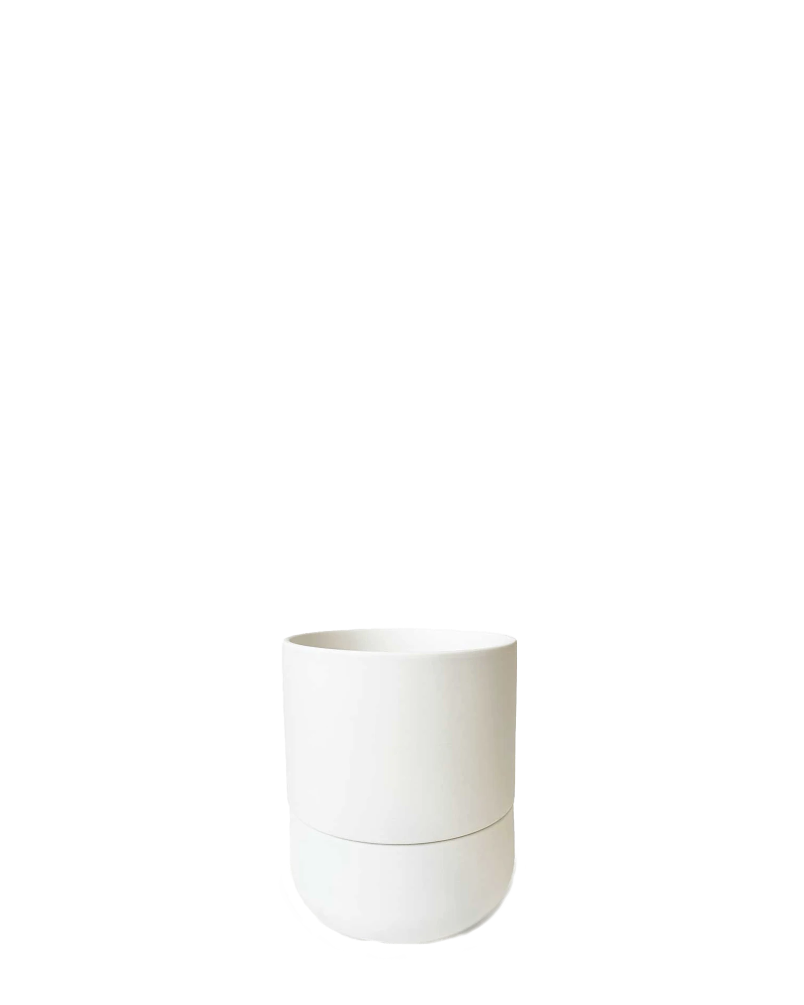 Chive Ryan white ceramic self-watering plant pot with drainage hole and detachable saucer.