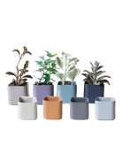 Multiple Chive Svek fully glazed ceramic planters in assorted colors styled with small plants.