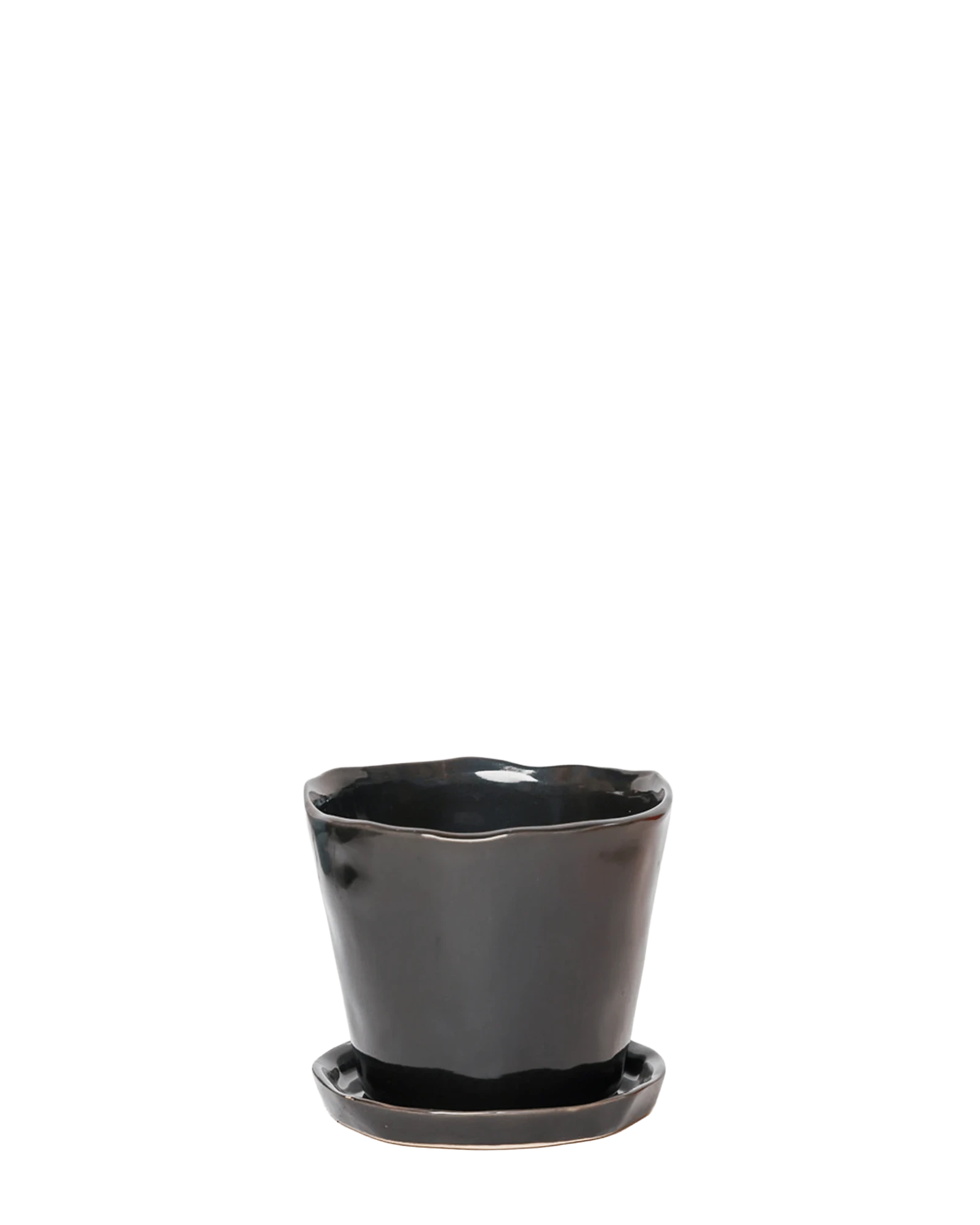Chive Tika black ceramic large plant pot with drainage hole and detachable saucer.