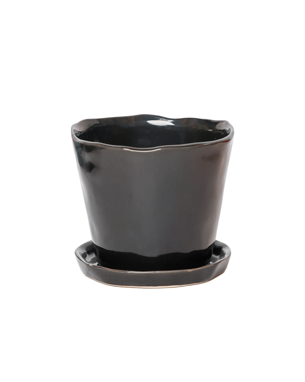 Chive Tika black ceramic medium plant pot with drainage hole and detachable saucer.