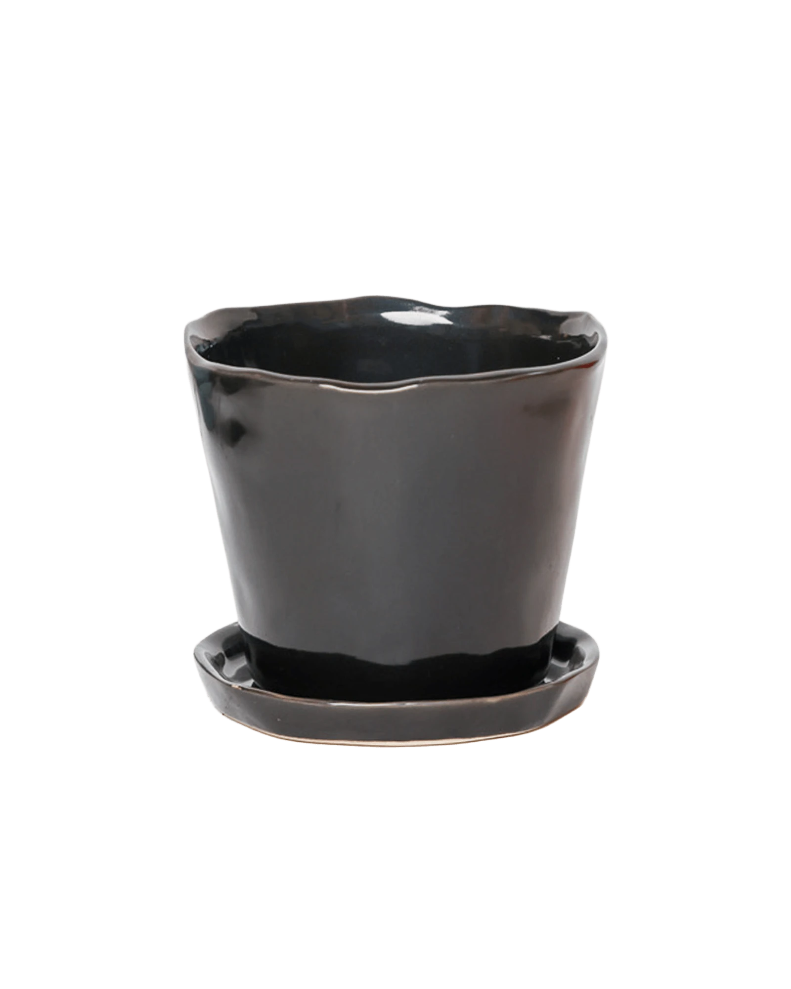 Chive Tika black ceramic medium plant pot with drainage hole and detachable saucer.
