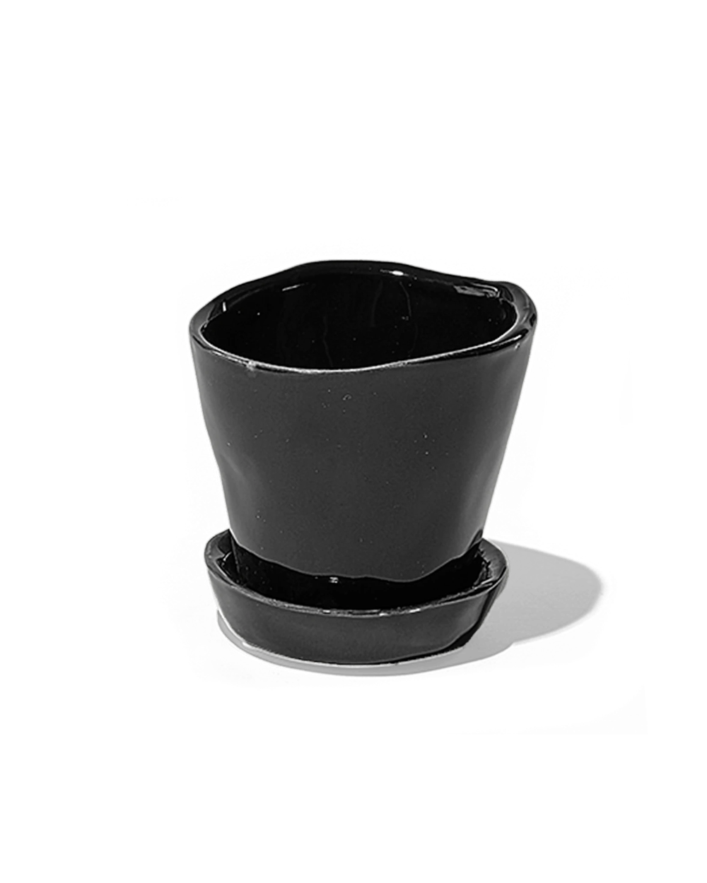 Chive Tika black glazed ceramic small plant pot with drainage hole and detachable saucer.