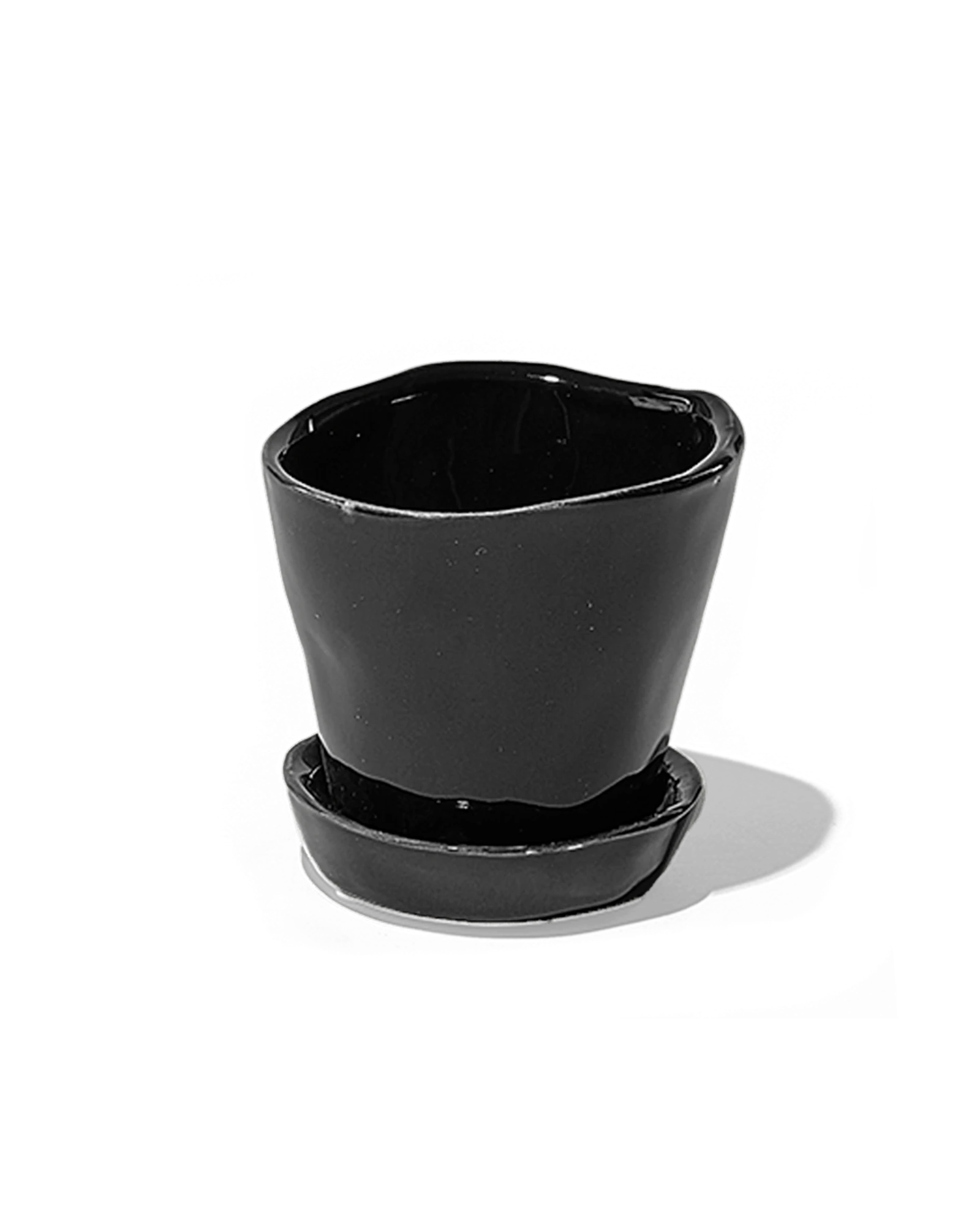 Chive Tika black glazed ceramic small plant pot with drainage hole and detachable saucer.