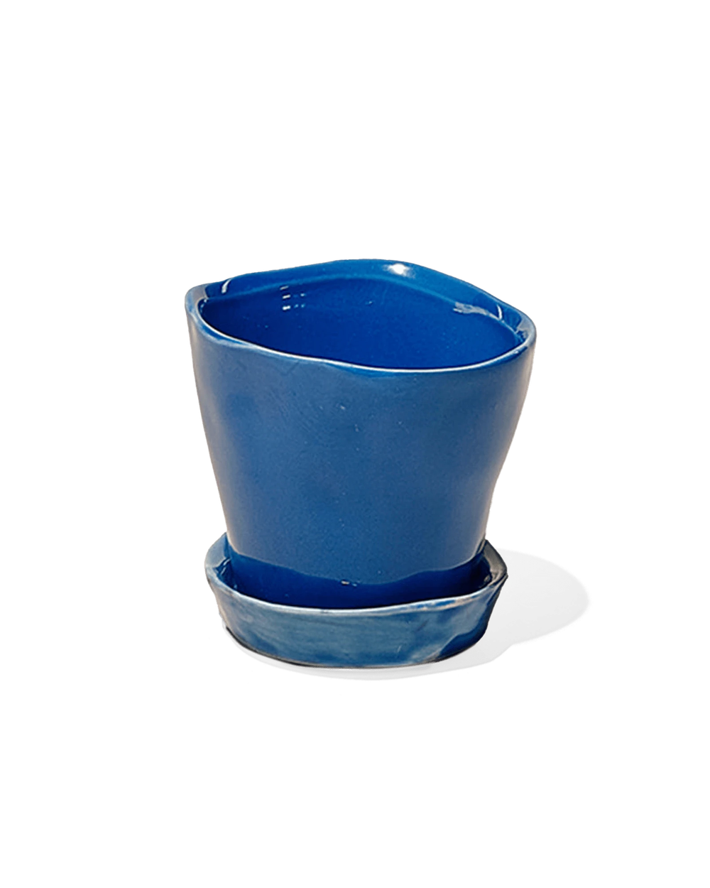 Chive Tika cobalt ceramic small plant pot with drainage hole and detachable saucer.